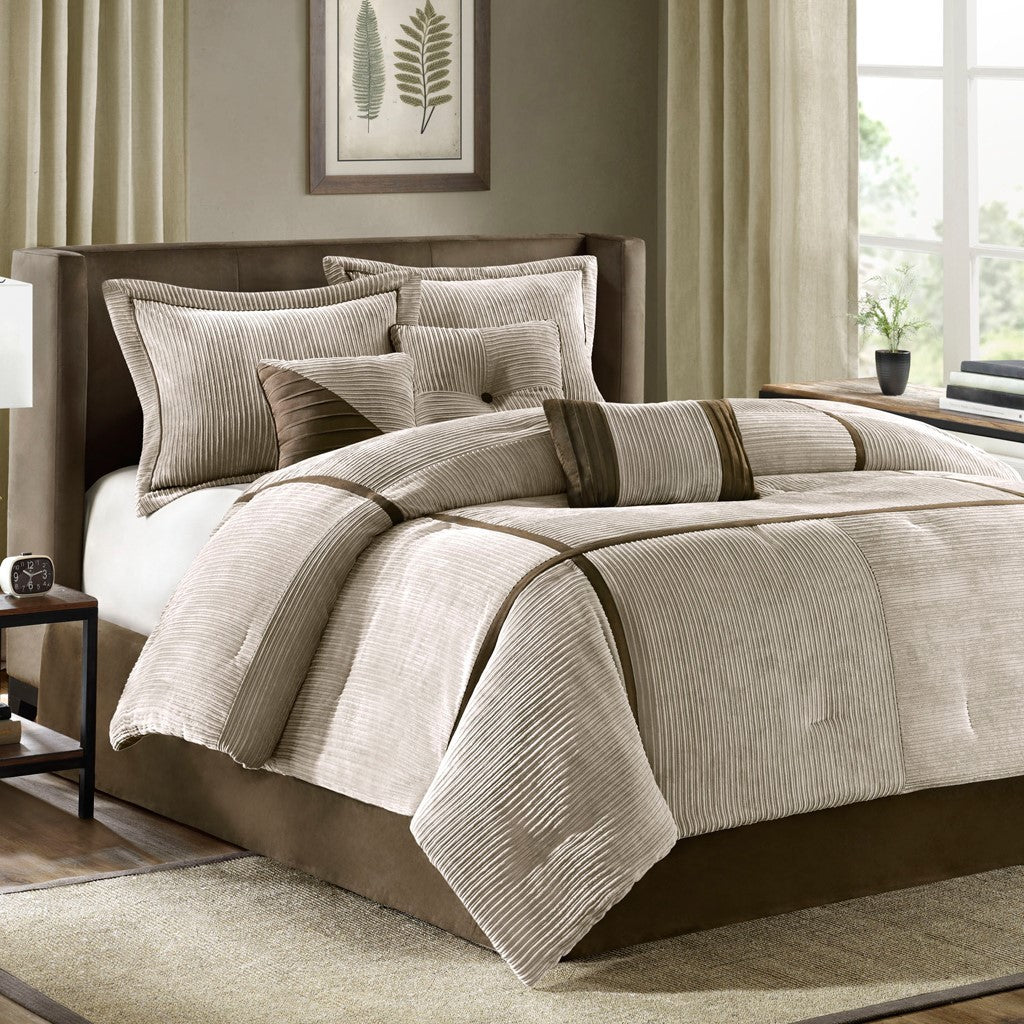 7 Piece Micro Corduroy Comforter Set Taupe Queen