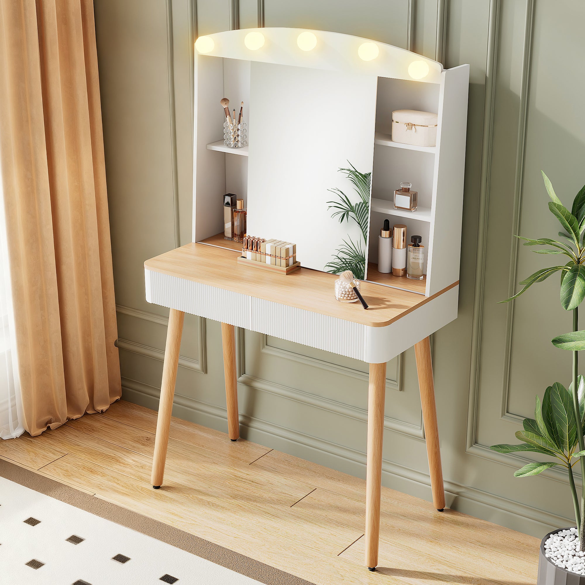 Small Vanity Desk with Mirror and Lights, Big-capacity Storage and Sliding Mirror, Vanity Set with Two Fluted Drawers, 3 Lighting Colors Makeup Dressing Table(White)