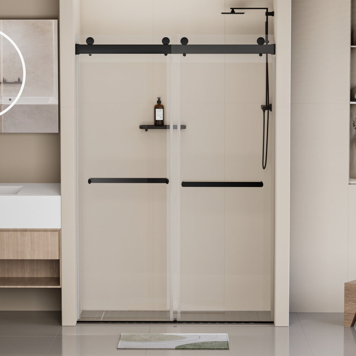 44-48 in. W x 76 in. H Frameless Soft-closing Shower Door, Double Sliding Shower Door, 5/16' (8mm) Clear Tempered Glass Shower Door with Explosion-Proof Film, Matte Black 24D213-48MB