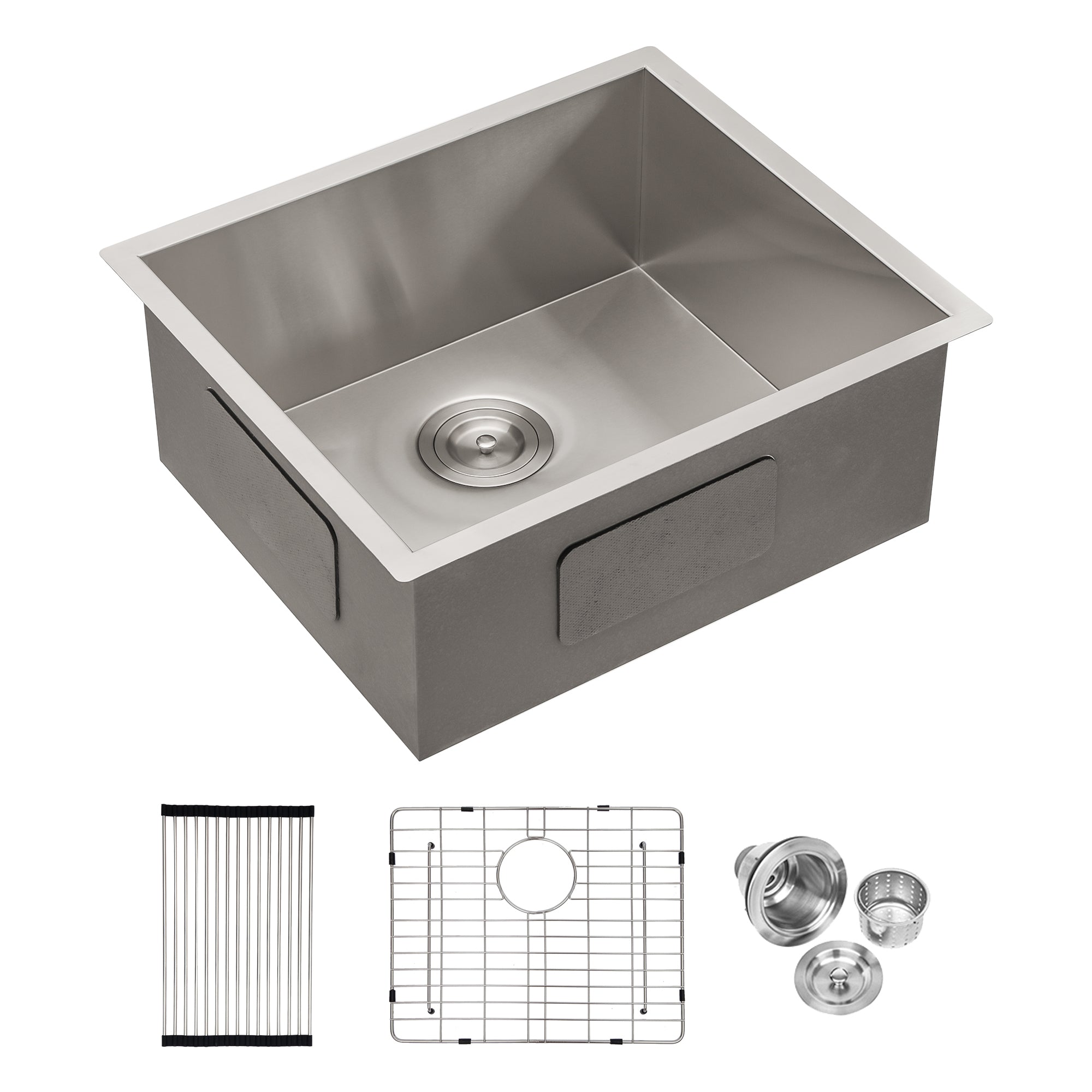Brushed Nickel 23 Inch Undermount Single Bowl Stainless Steel Kitchen Sink 16 Gauge 9 Inch Deep Basin