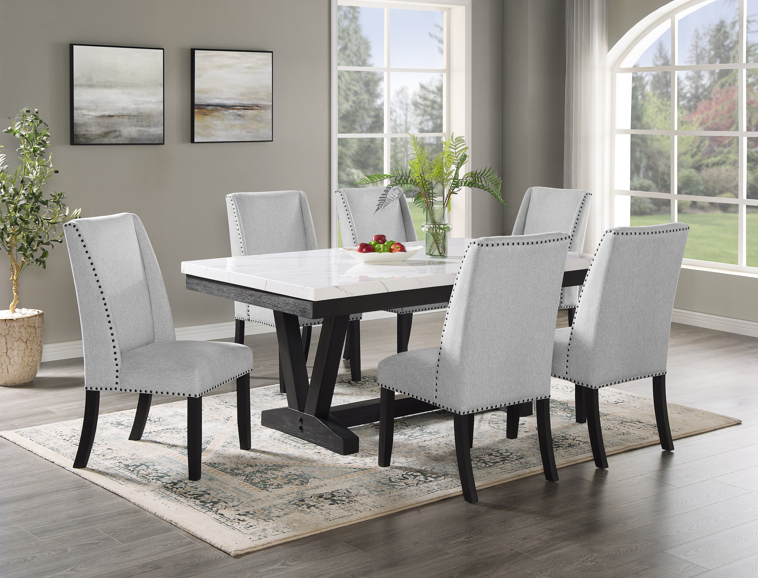 7pc Dining Set Contemporary Style White Faux Marble Rectangular Table Top Dove Gray Upholstery Chairs Nailhead Tufted Black Finish Wooden Solid Wood Dining Room Furniture