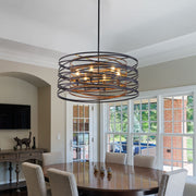 24' Rustic Industrial Pendant Light, 6-Light Black and Walnut Metal Cage Chandelier with Wood Accents for Kitchen Island and Dining Room (No Bulbs)