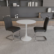 31.5 ' White circular dining table, tulip dining table, kitchen dining table for 2-4 people, MDF tabletop and base, and 2 black PU plating silver metal leg dining chair set 2
