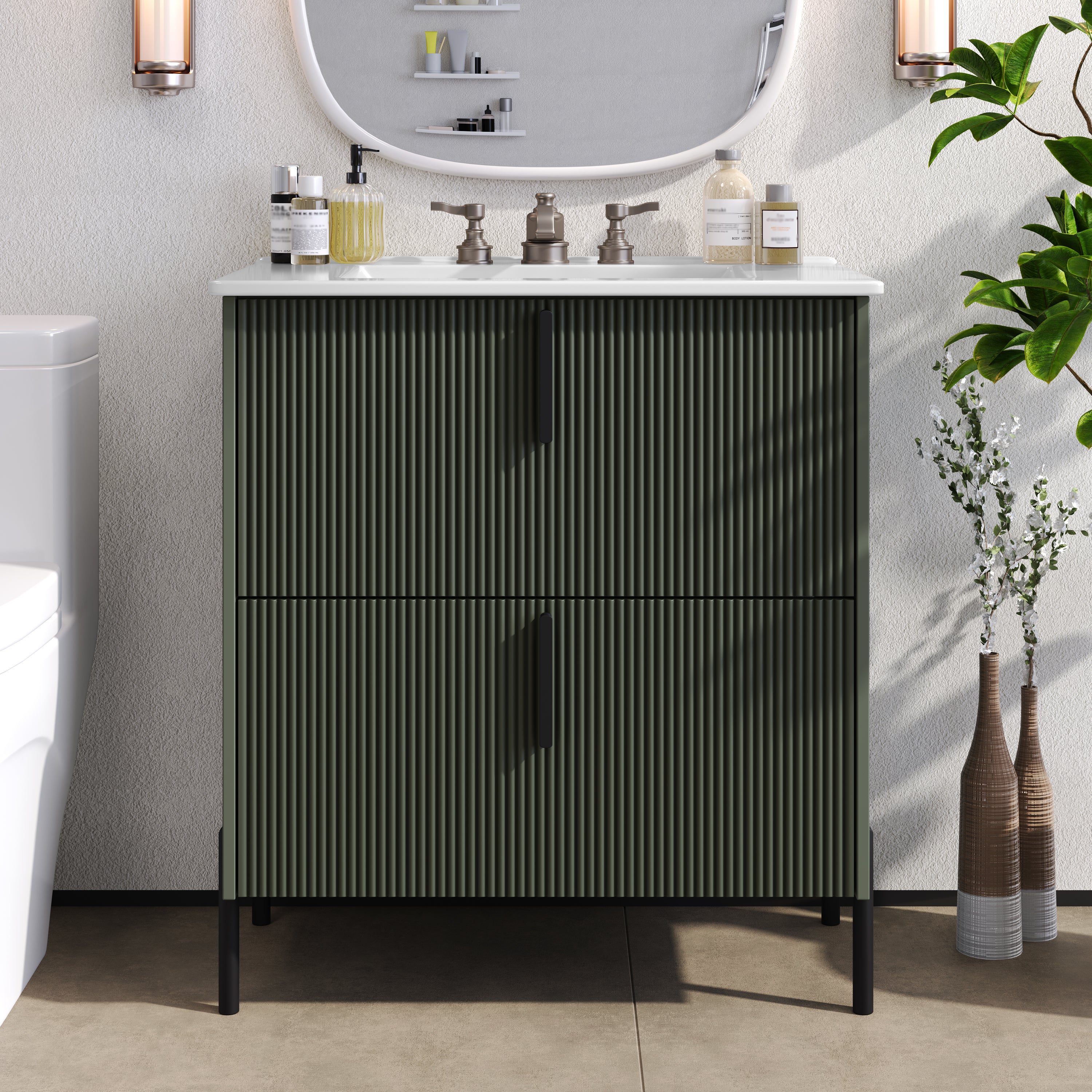 30' Bathroom Vanity with Ceramic Sink and Full-Extension Drawers, Soft Close Undermount Drawer Slides, Fluted Design, Green