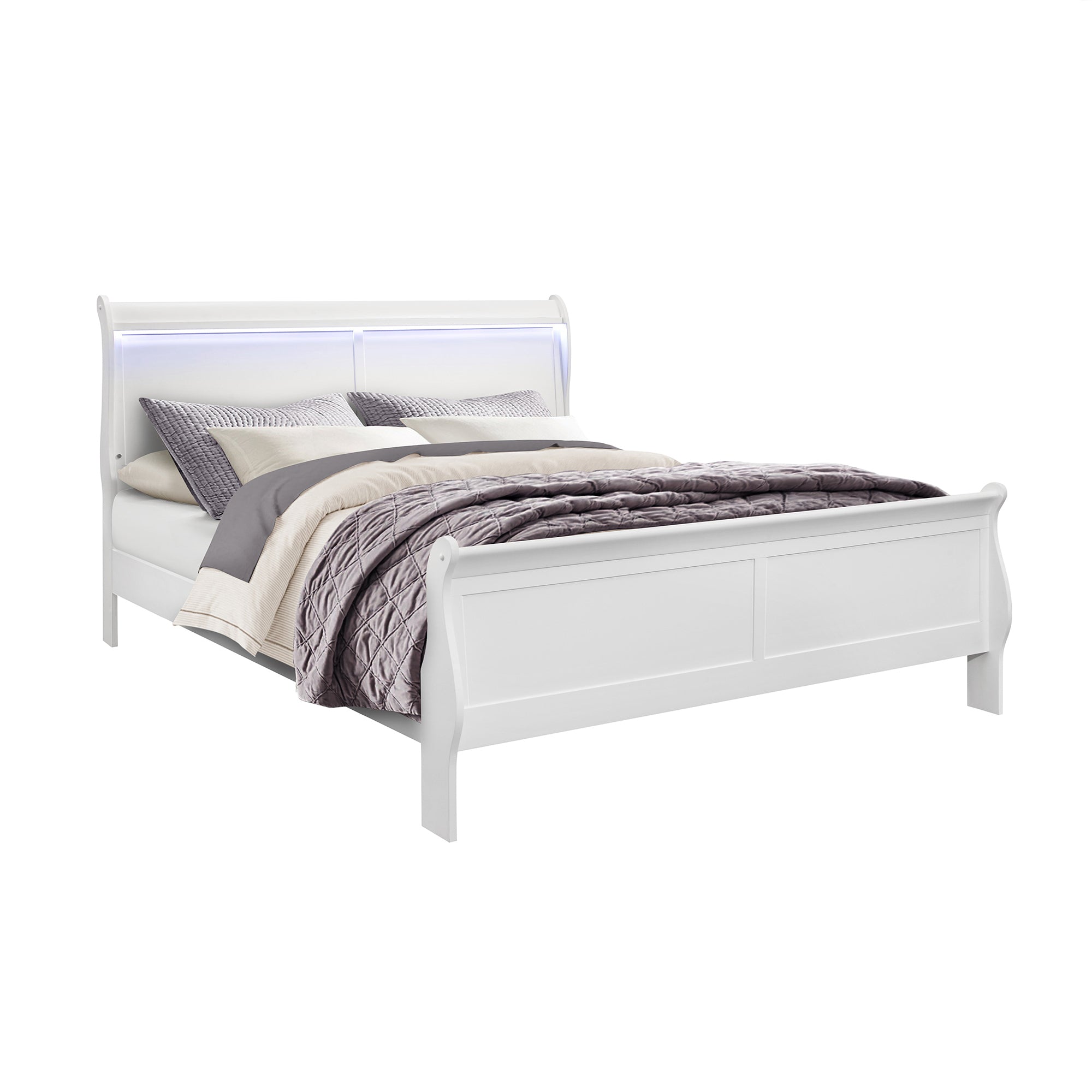 Charlston Modern Sleigh Style King Bedroom Set with LED Lighting in White Solid Wood and MDF