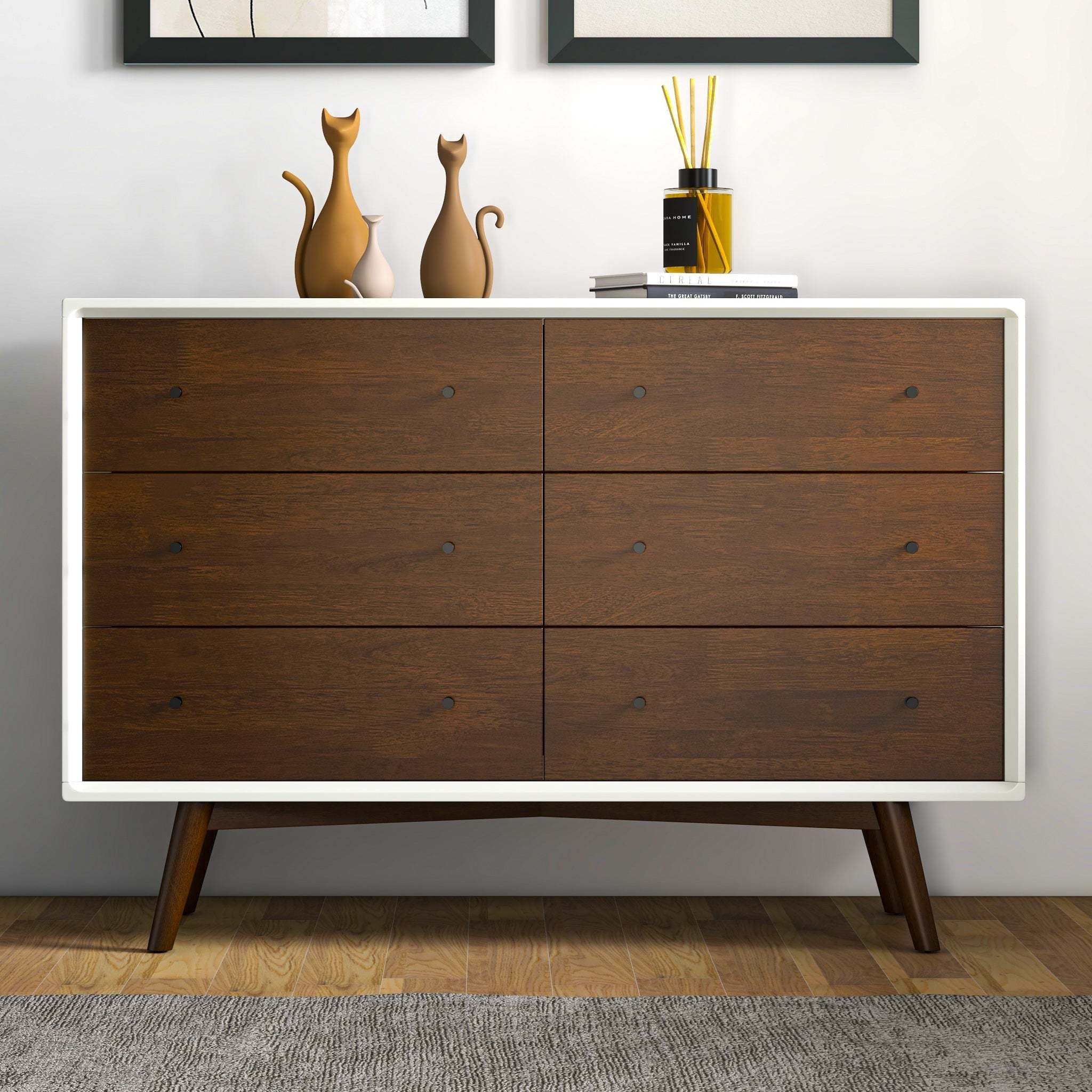 Mid Century Modern White Dresser 6 Drawer Storage Solution in Solid Wood, Dark Brown and White 33.1'H x 47.2'W x 15.7'D for Bedroom, Hallway, Entryway, Closet
