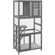 PawHut 74' Wooden Catio Outdoor Cat House Weatherproof & Wheeled, Outside Cat Enclosure with High Weight Capacity, Kitten Cage Condo, Light Gray