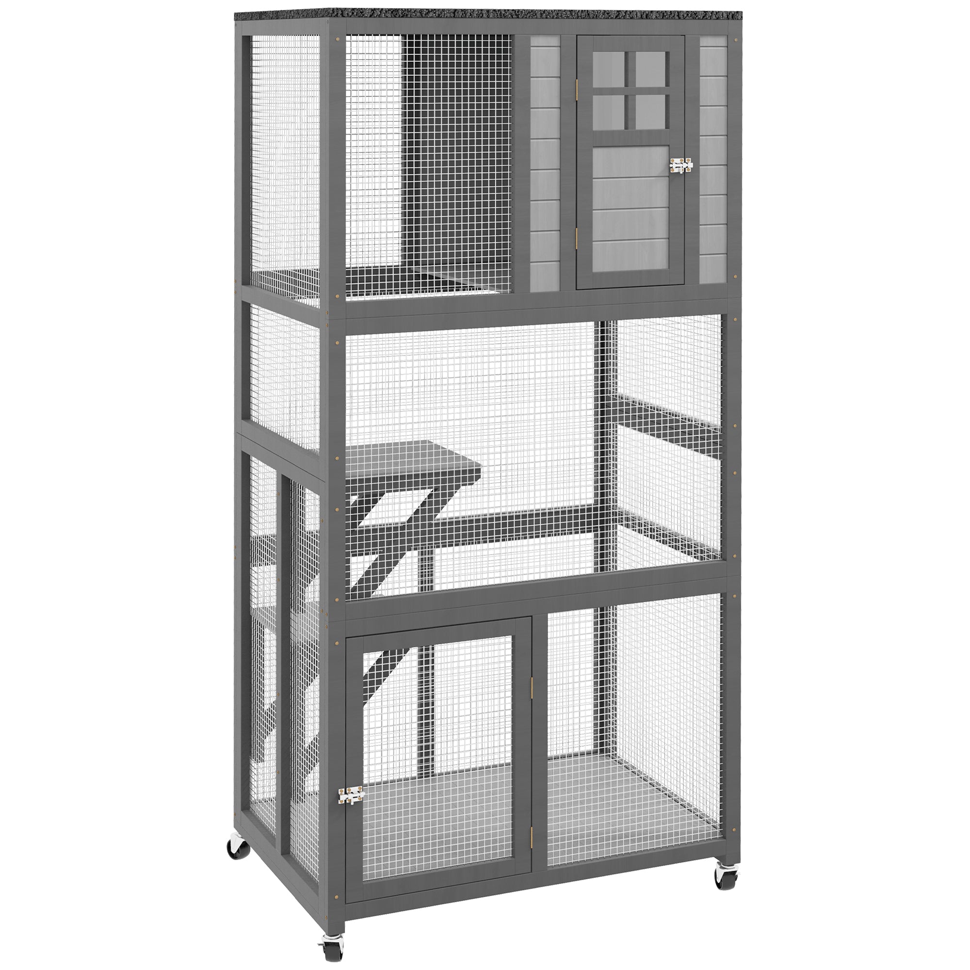 PawHut 74' Wooden Catio Outdoor Cat House Weatherproof & Wheeled, Outside Cat Enclosure with High Weight Capacity, Kitten Cage Condo, Light Gray