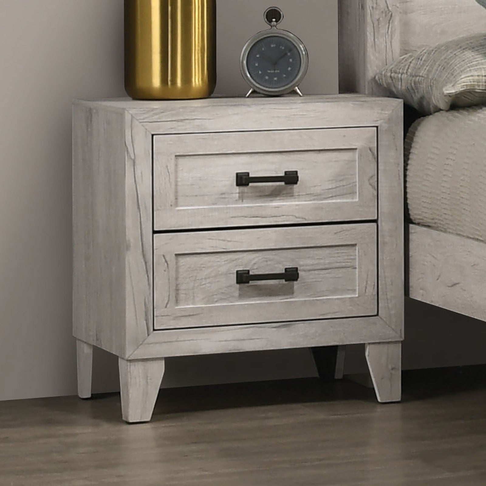 Bedside Table White Wash Finish Striking Elegant 1pc Nightstand Contemporary Style Black Bar Pull 2-Drawers