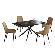 Modern Retractable Sintered Stone Dining Table Set with Black Carbon Steel Legs, Table + 4 Chairs