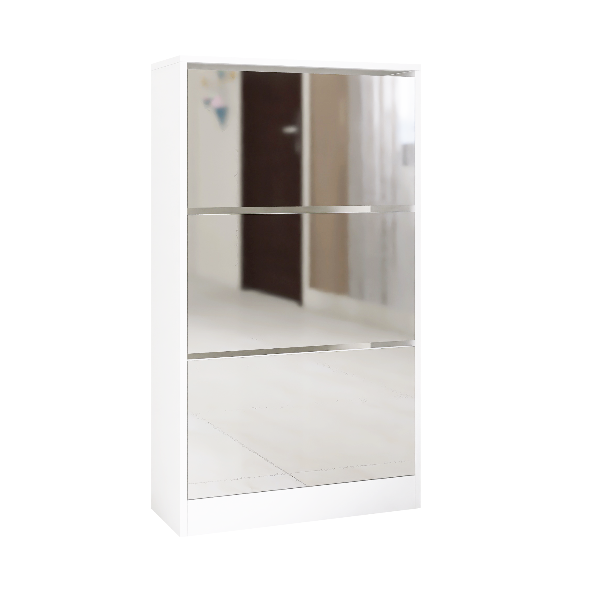Slim White Mirror Shoe Cabinet, 3 Tier Wood Shoe Organizer, Compact Home Storage