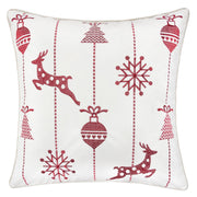 White Christmas Throw Pillow with Red Embroidered Reindeer and Snowflakes, Soft Cotton Blend Cover, 20x20 inches