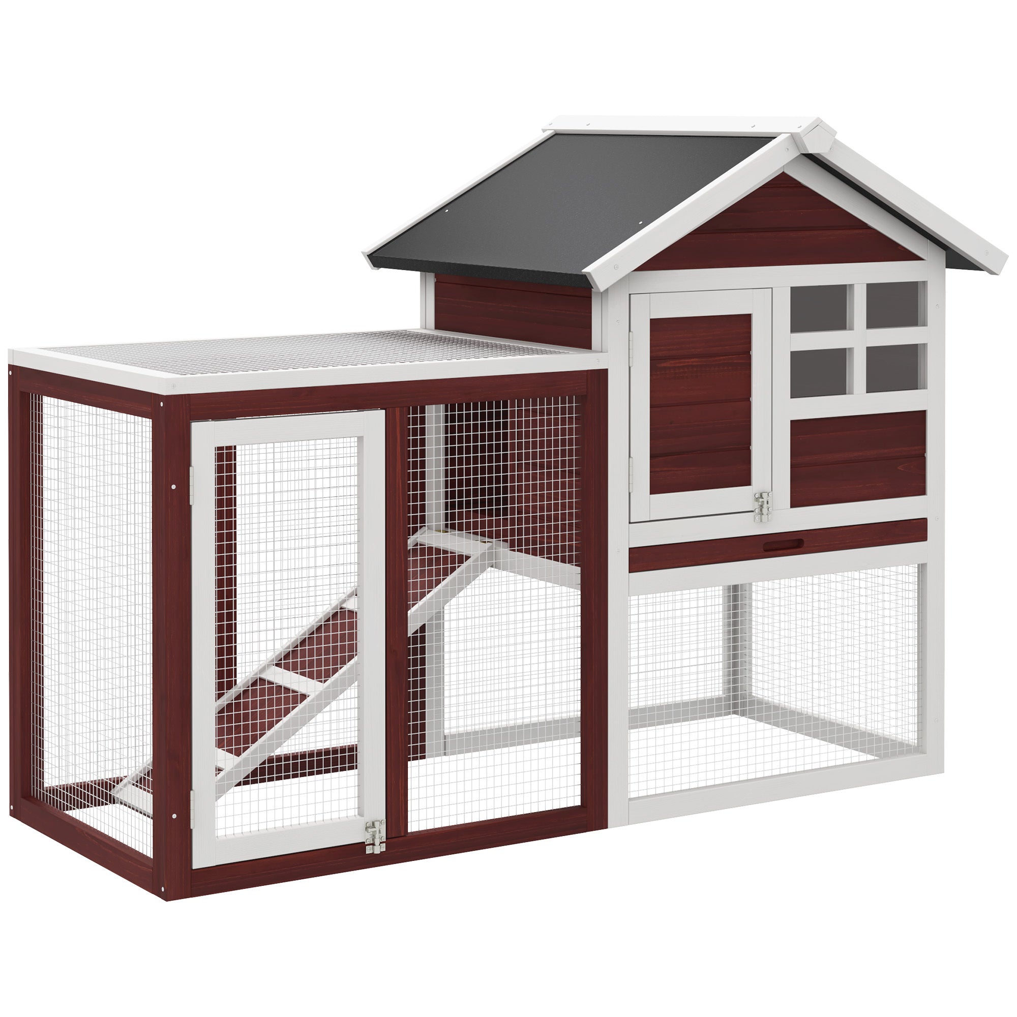PawHut 48' Wooden Rabbit Hutch Bunny Cage with Waterproof Asphalt Roof, Fun Outdoor Run, Removable Tray and Ramp, Brown