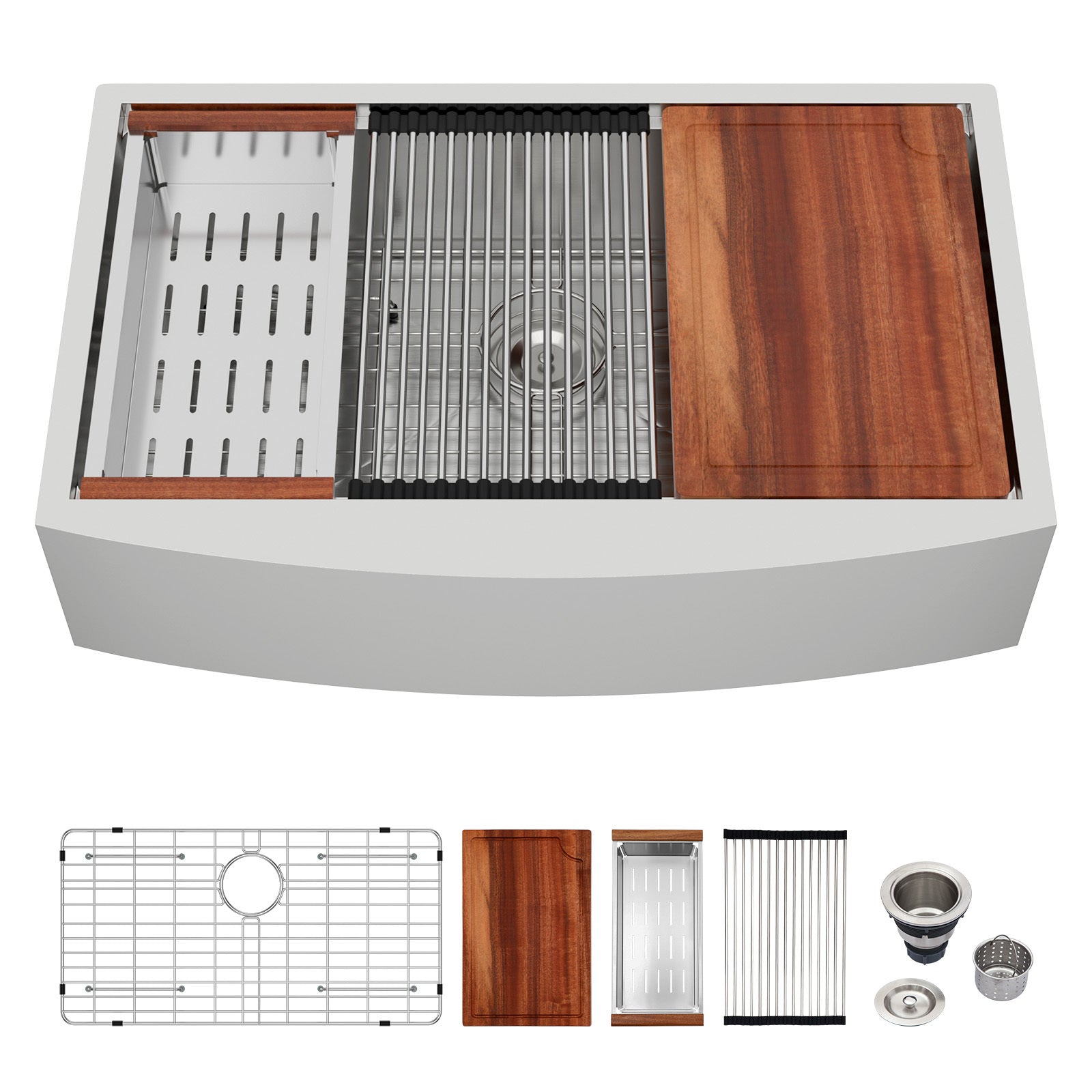 Farmhouse Workstation Kitchen Sink with Apron Front in Brushed Nickel, 33 x 21 x 9 Inch, Stainless Steel 16 Gauge