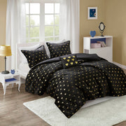 4 PCS Full/Queen Metallic Printed Plush Comforter Set with Throw Pillow Black/Gold