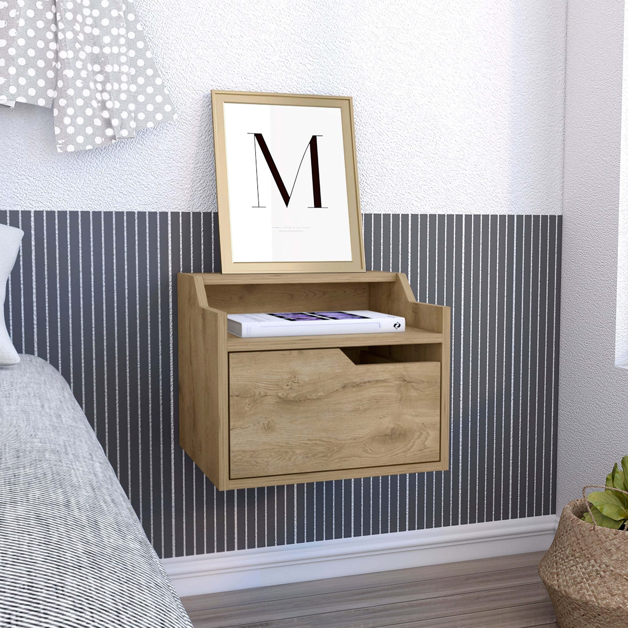 Busan Modern Floating Nightstand , End Table, Side Table Single-Drawer Design with Sleek Two-Tiered Top Shelf Surfaces