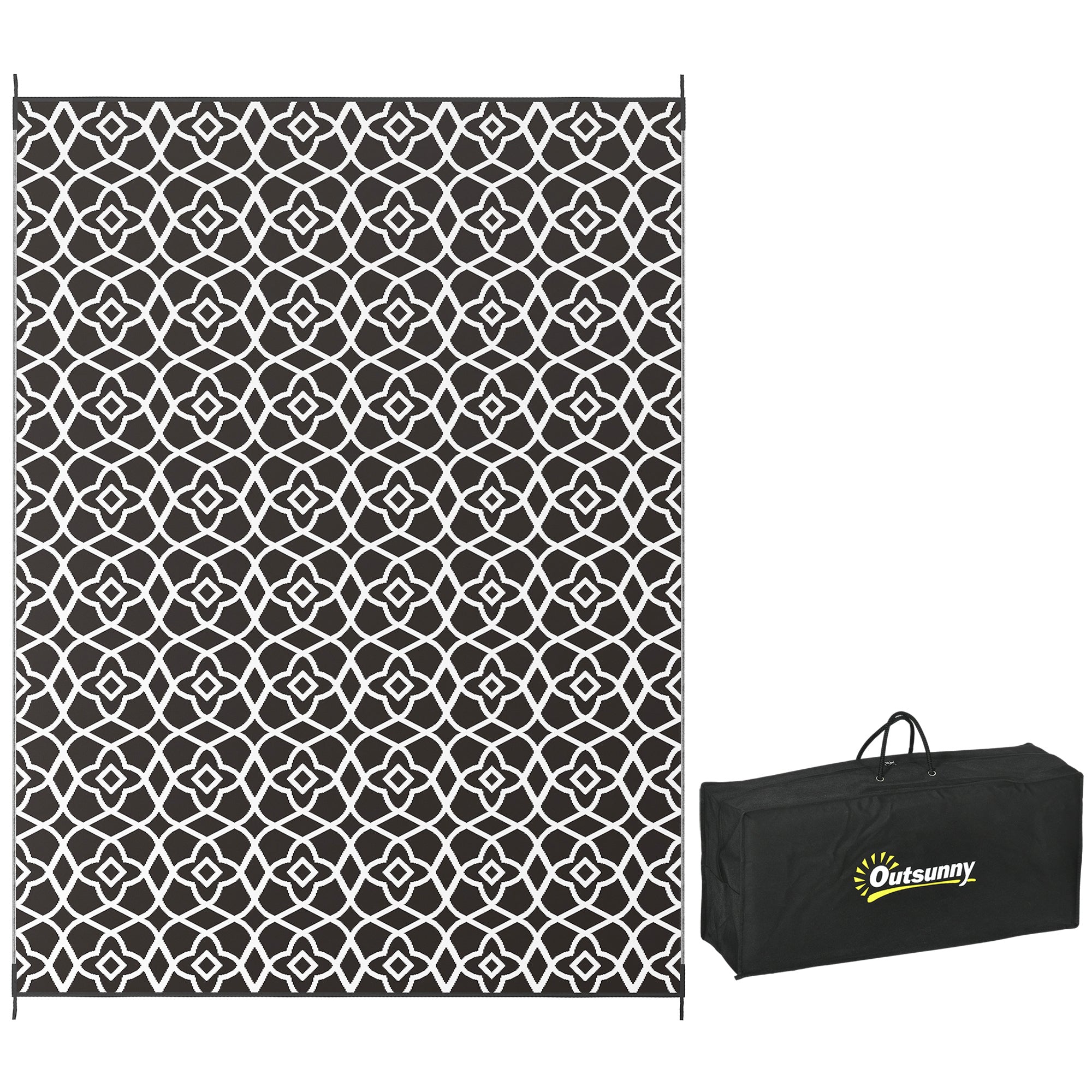 Outsunny Reversible Outdoor Rug, 9' x 12' Waterproof Plastic Straw Floor Mat, Portable RV Camping Carpet with Carry Bag, Large Floor Mat for Backyard, Deck, Picnic, Beach, Black & White Clover