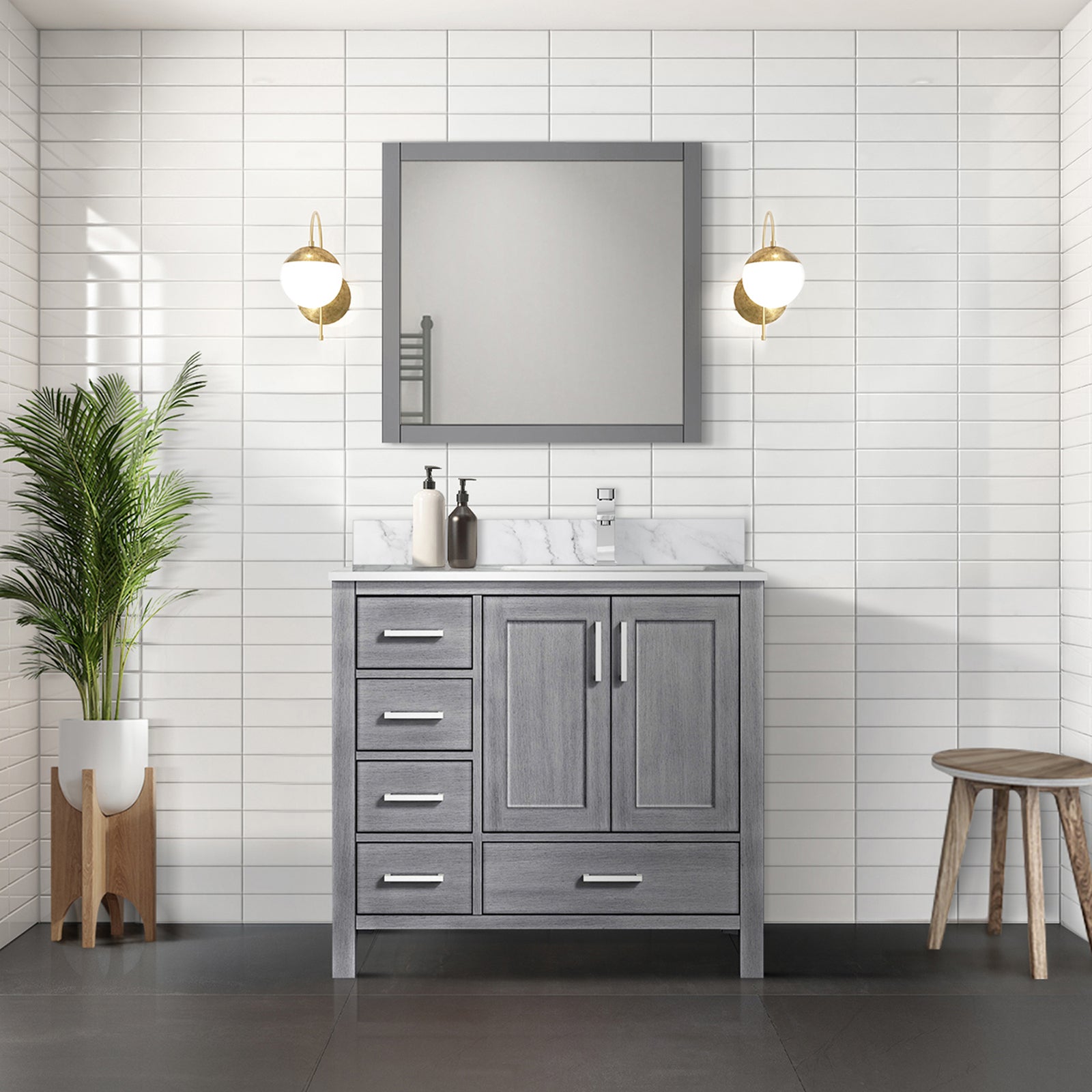 Distressed Grey Bath Vanity 36 in. W x 22 in. D, Right Offset Carrara Marble Top, and Faucet Set