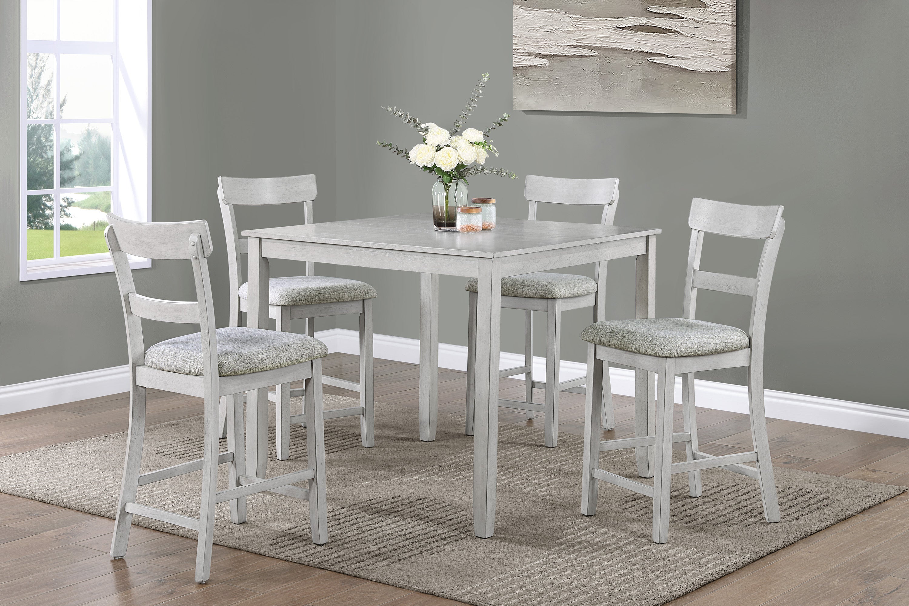 Rustic Farmhouse Transitional 5-Piece Counter Height Dining Set Square Table Linen Look Fabric Upholstered Chair Seat Wooden Dining Room Furniture White/Gray Drift Wood Finish