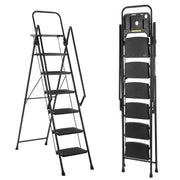 Folding step stool with bandwidth anti slip pedals and tool trays, lightweight and portable steel step stool, perfect for kitchen and home, indoor and outdoor use, sturdy steel steps (6 levels)