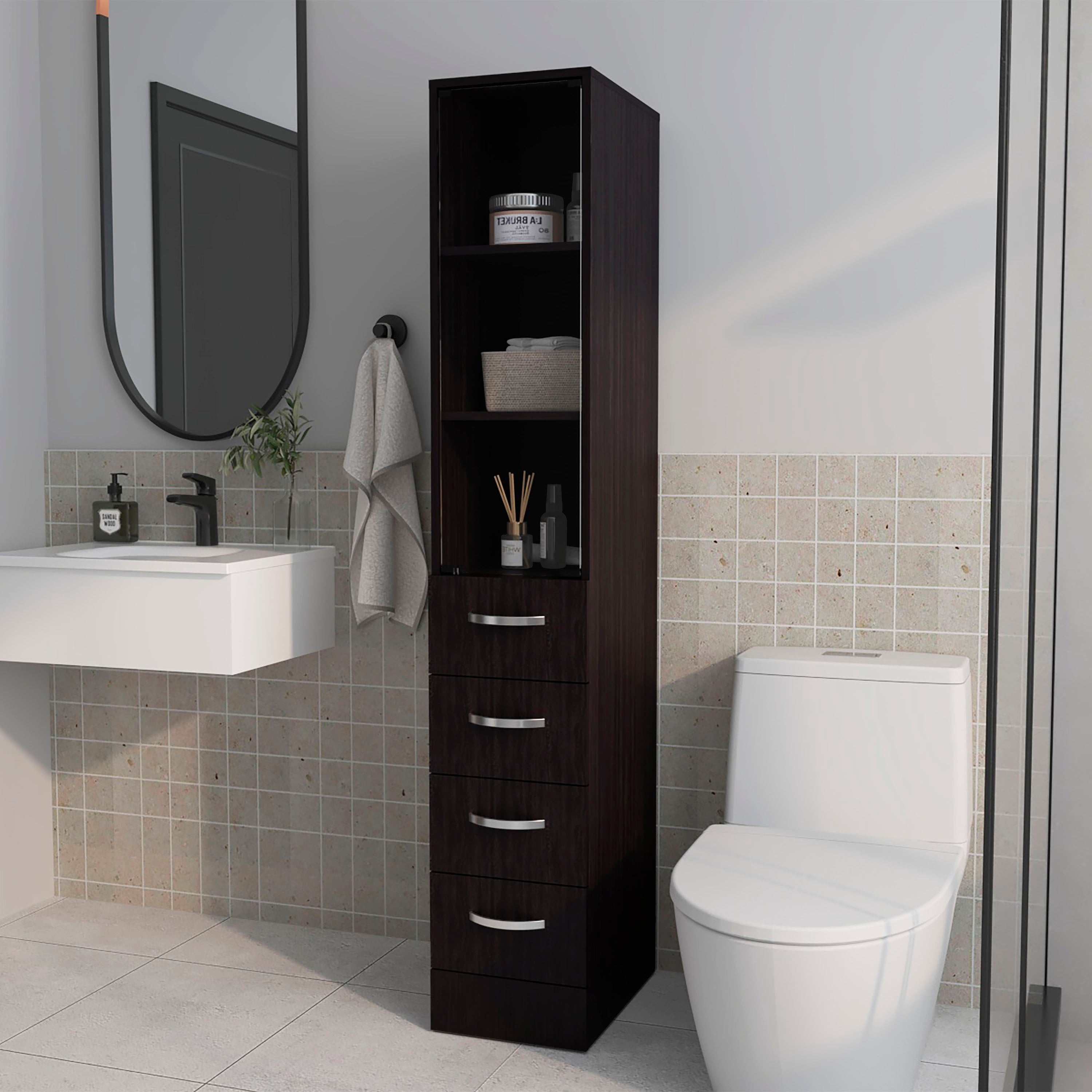 Piñon Bathroom Linen Cabinet with Glass Door and Drawers, Wengue