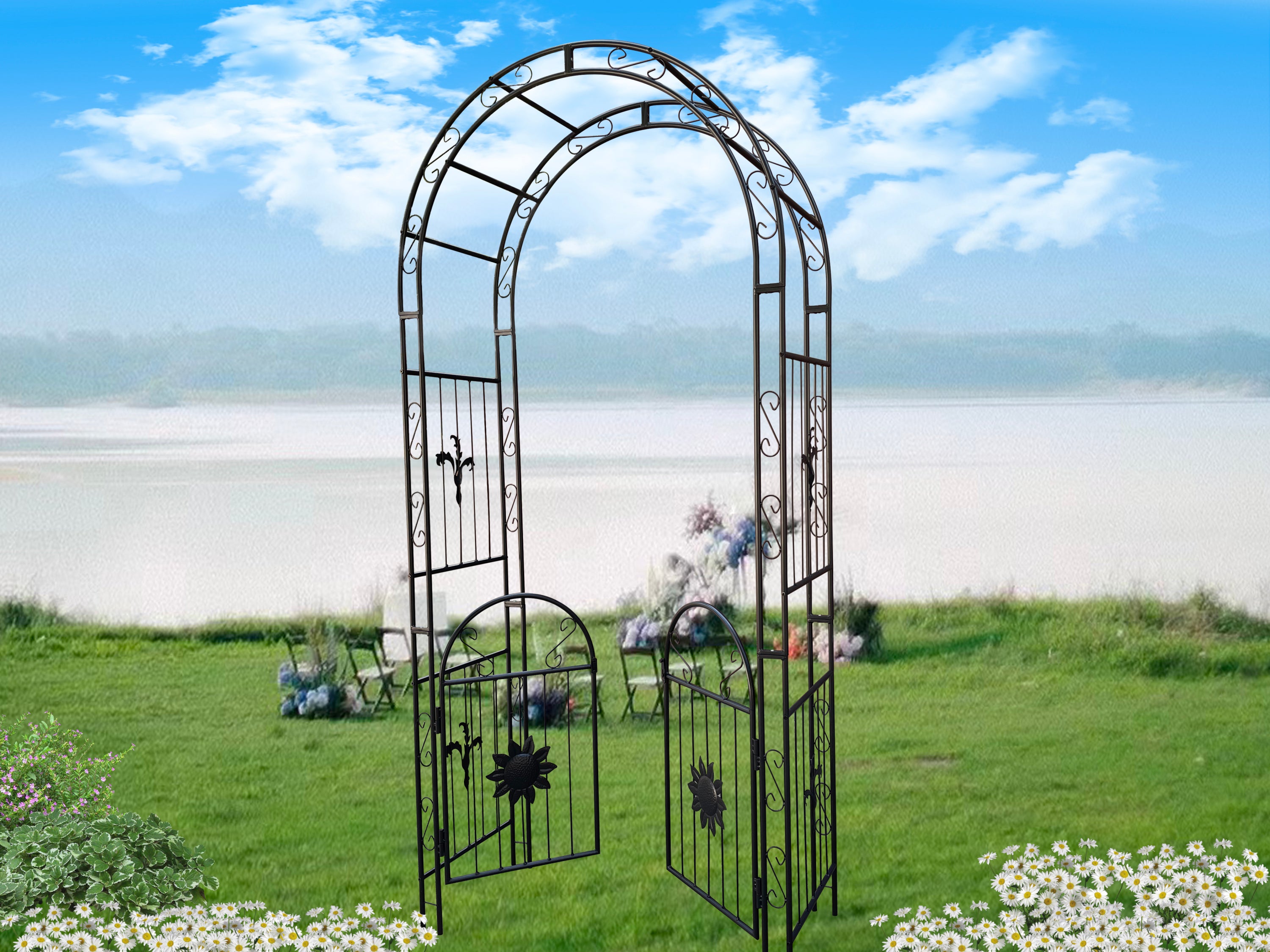 Metal Garden Arch  with doors Garden Arbor Trellis Climbing Plants Support Arch Outdoor Arch Wedding Arch Party Events Archway Black