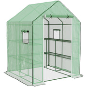 Outsunny 4.6' x 4.7' Portable Greenhouse, Water/UV Resistant Walk-In Small Outdoor Greenhouse with 2 Tier U-Shaped Flower Rack Shelves, Roll Up Door & Windows, Green