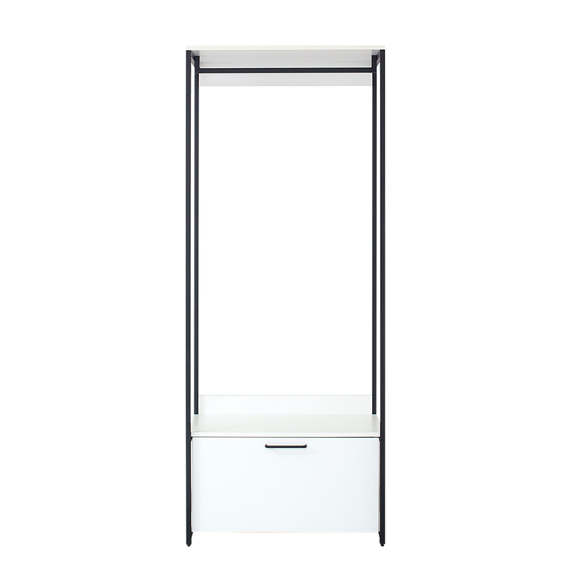Fiona Contemporary Wood and Metal Walk-in Closet with One Drawer in White Melamine