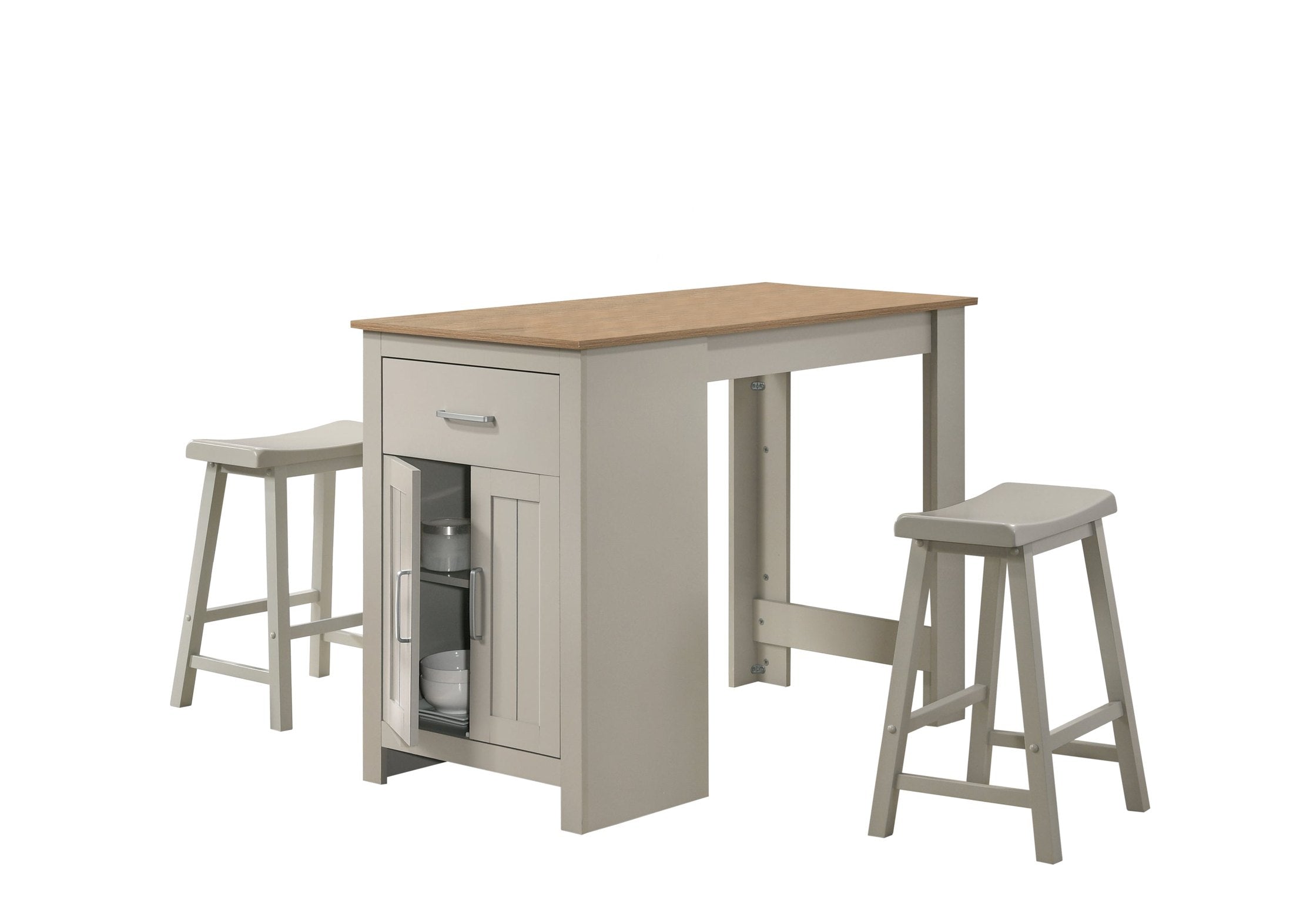 Alonzo 47' Light Gray Small Space Counter Height Dining Table with Cabinet, Drawer, and 2 Ergonomic Counter Stools
