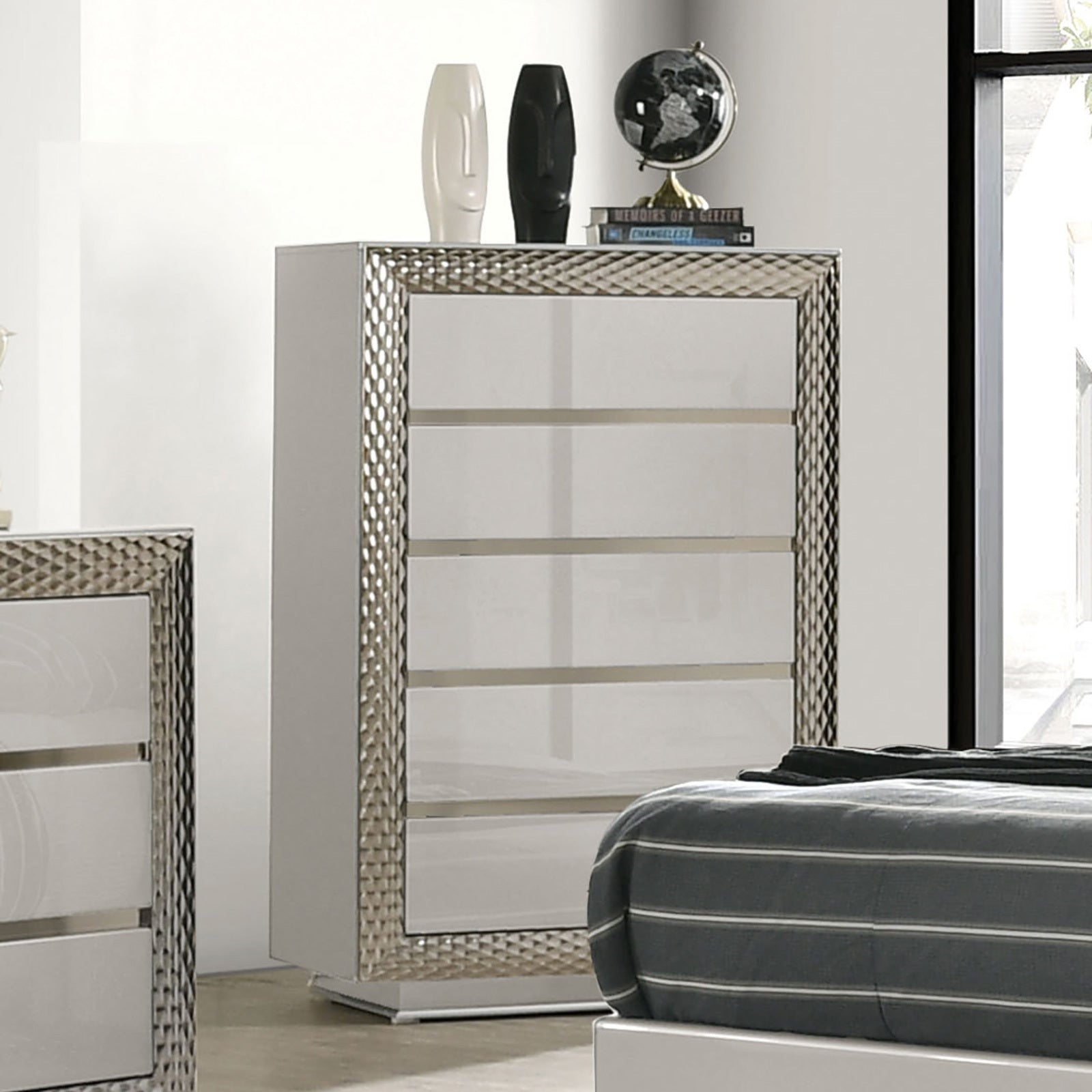 1pc Chest 5-Drawers Plinth Base Silver Molding Glass Shelf Felt Lined Drawers Gray Finish Glam Style Bedroom Furniture