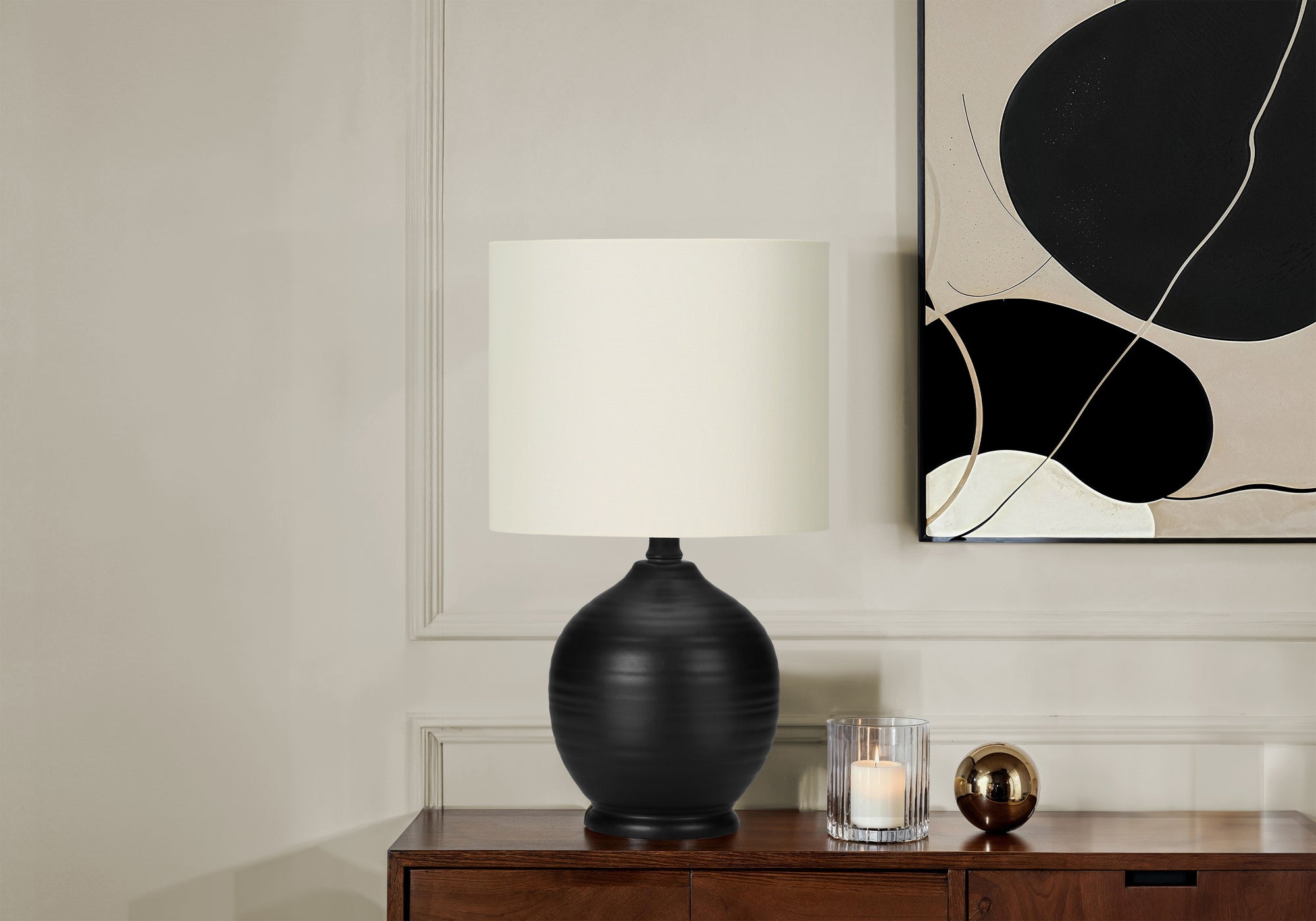 Lighting, 17'h, Table Lamp, Black Ceramic, Ivory / Cream Shade, Transitional