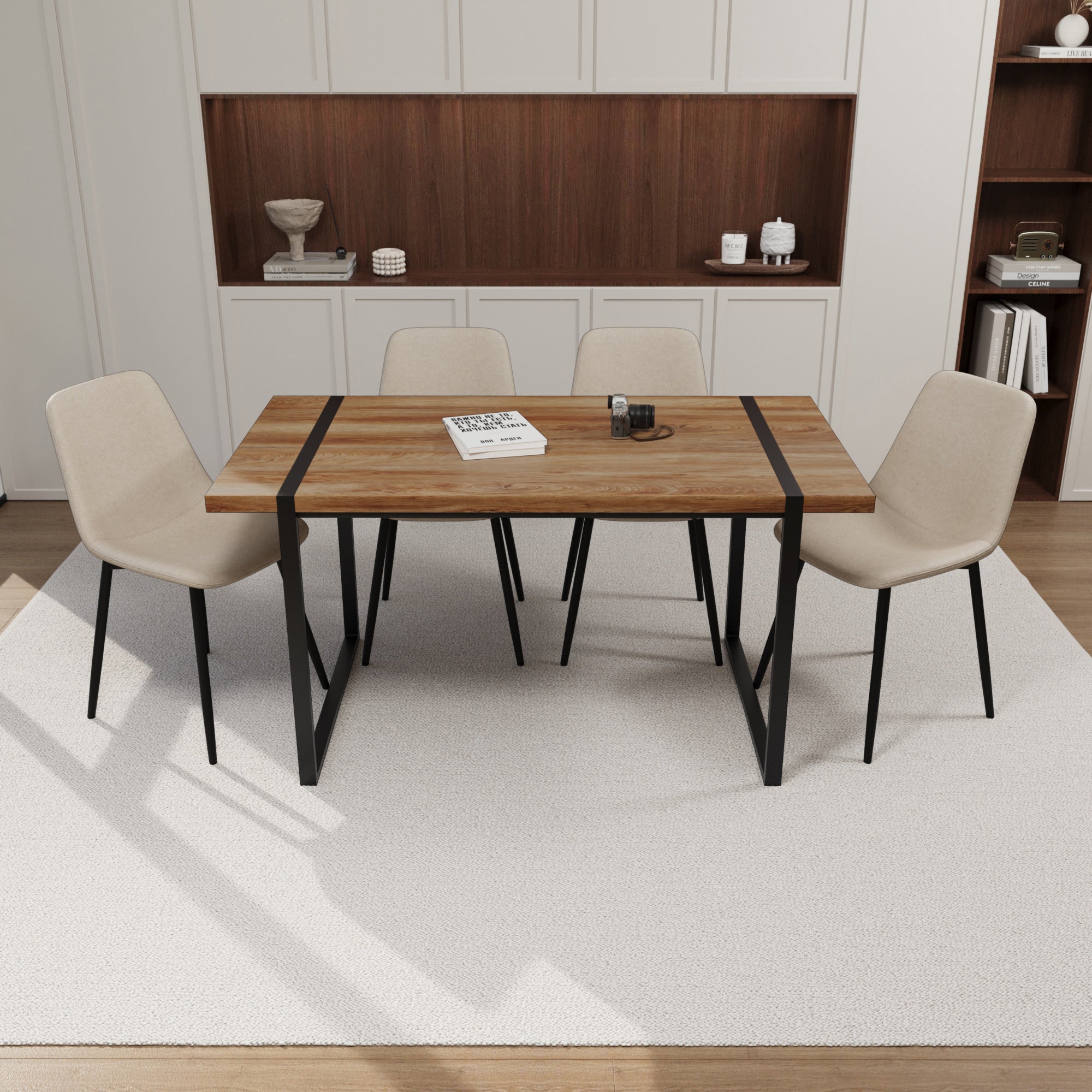 59' MDF natural wood dining table and modern dining chair 4-piece set, medieval wooden kitchen dining table set, rectangular metal base, dining table and suede chair