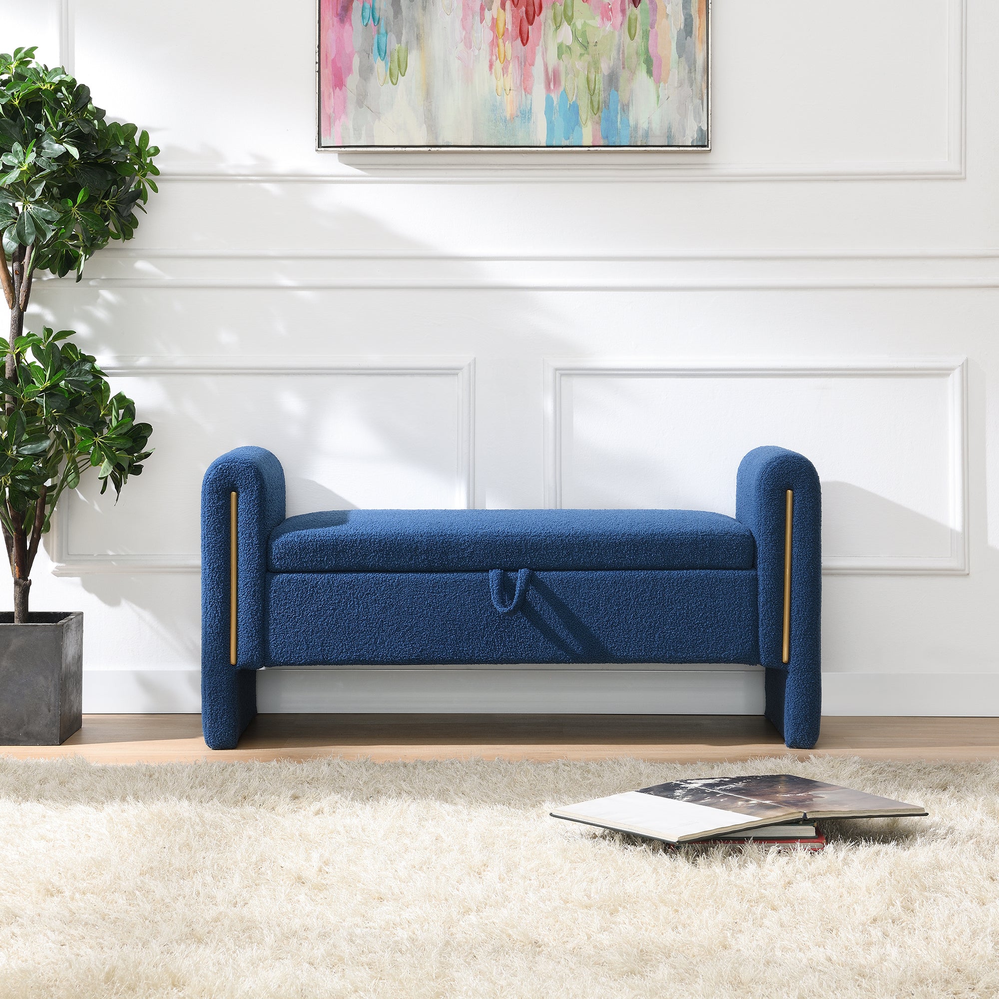 Modern Teddy Bed End Bench with Arms and Storage,Upholstered Large Foot Rest Stool, Comfy Window Vanity Bench for Living Room,Bedroom,Dorm,Coffee Table,Teddy Navy Blue