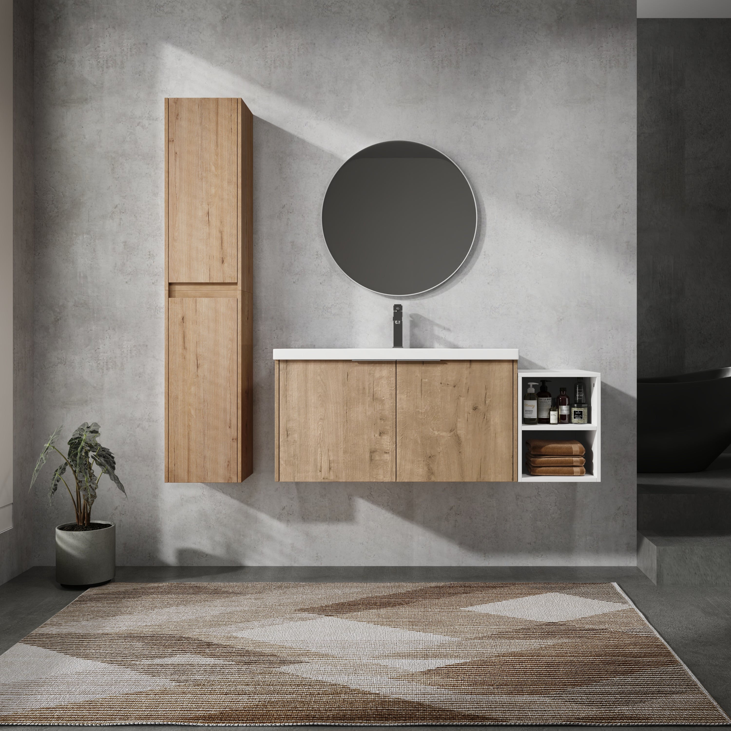 48' Wall-Mounted Bathroom Vanity With Sink and Side Cabinet, Soft Close Doors,00112IMOx2-0636IMO-0612GWH Combination Cabinet(KD-Packing)