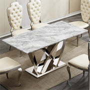 Marble Dining Table for 6 People, 70'' Rectangle Faux Marble Dining Table with Mirrored Finish Stainless Steel Base, Modern Large Size Marble Kitchen Table (Silver,Grey)(only table)
