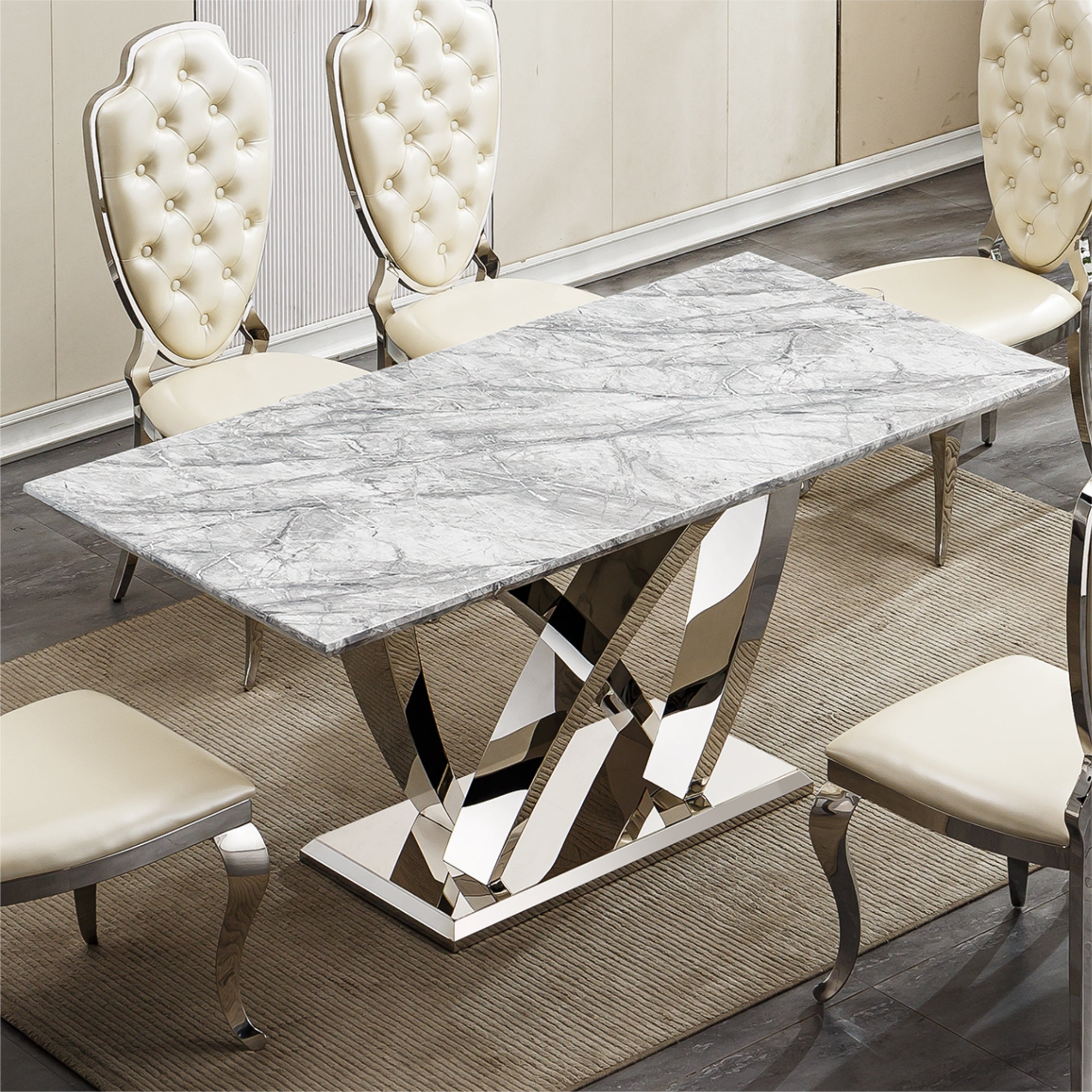Marble Dining Table for 6 People, 70'' Rectangle Faux Marble Dining Table with Mirrored Finish Stainless Steel Base, Modern Large Size Marble Kitchen Table (Silver,Grey)(only table)