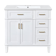 Modern White Bathroom Vanity with Ceramic Sink, Soft Close Doors, and Storage Drawers, 36-Inch