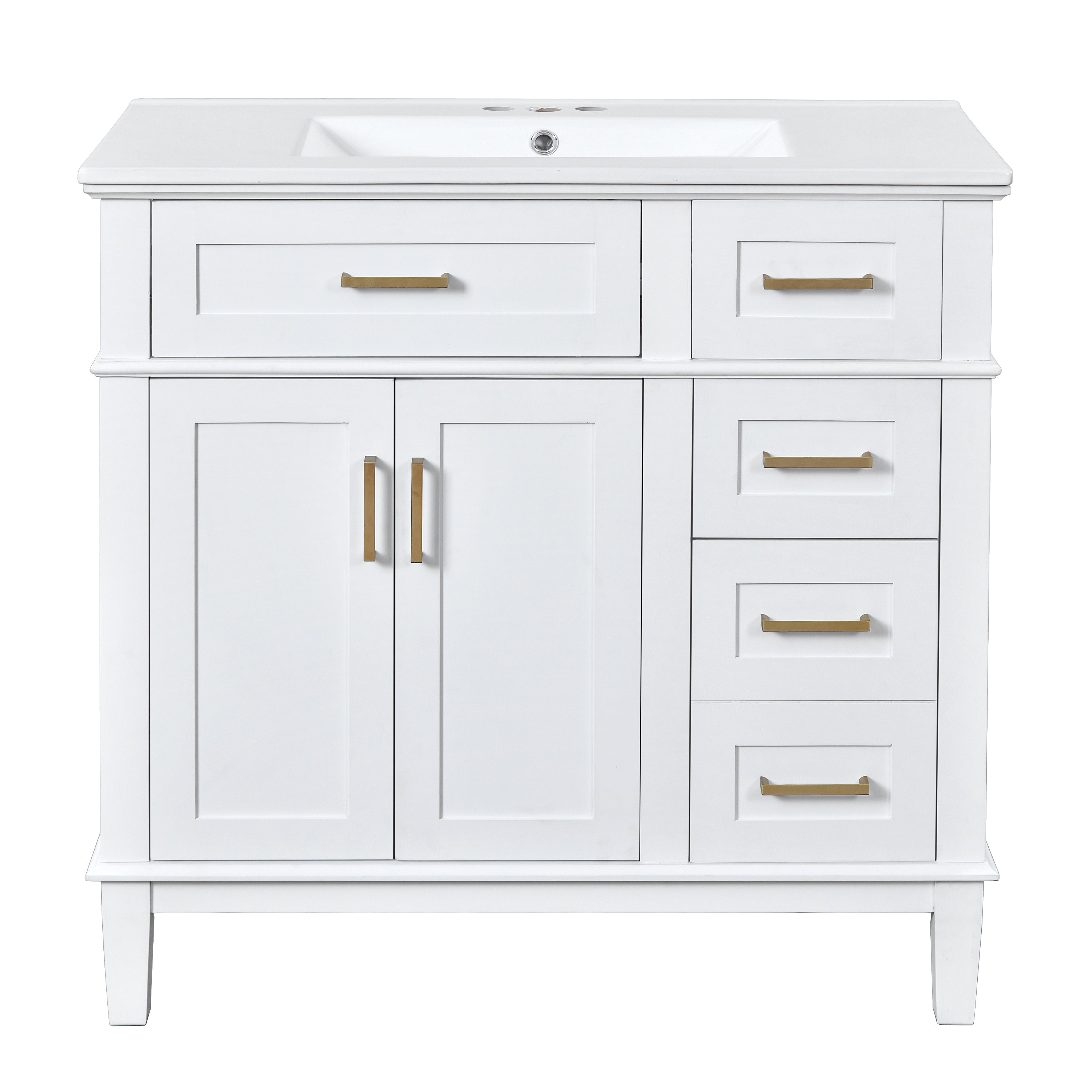 Modern White Bathroom Vanity with Ceramic Sink, Soft Close Doors, and Storage Drawers, 36-Inch
