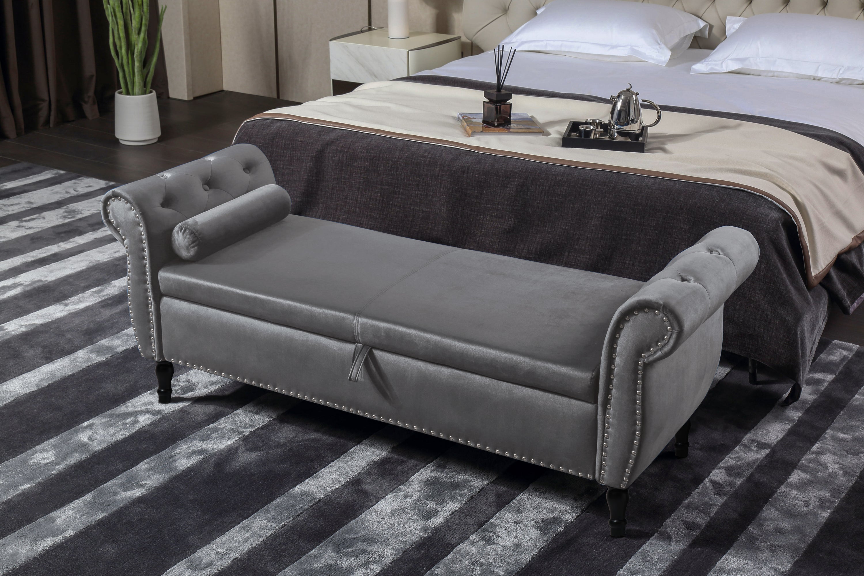 Aijia 63' Velvet Multifunctional Storage Rectangular Sofa Stool Buttons Tufted Nailhead Trimmed Solid Wood Legs with 1 Pillow,Grey