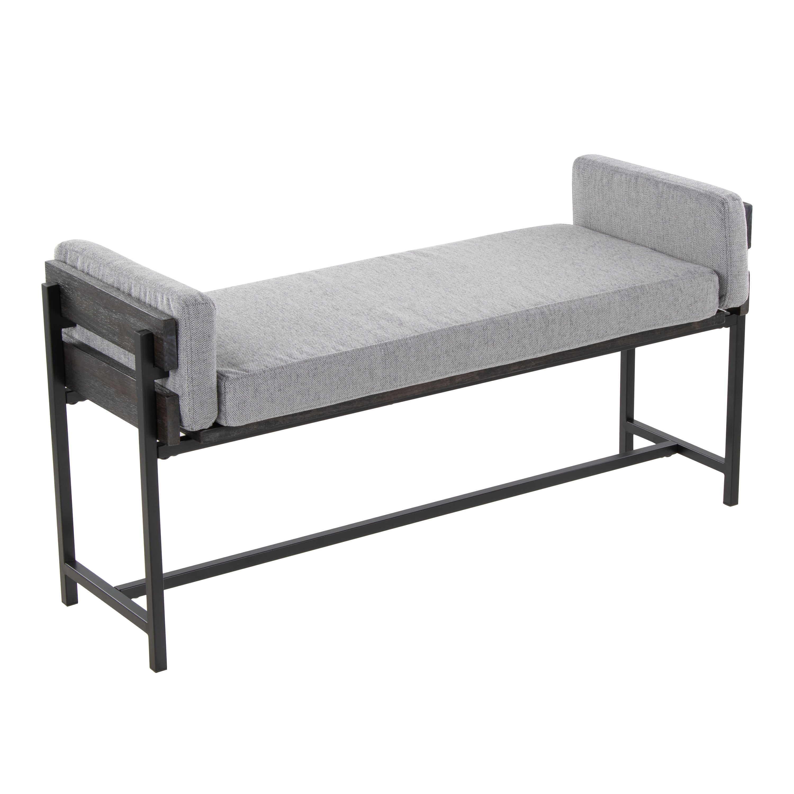 Kari 18' Farmhouse Bench with Black Metal, Grey Wood and Light Grey Fabric by LumiSource