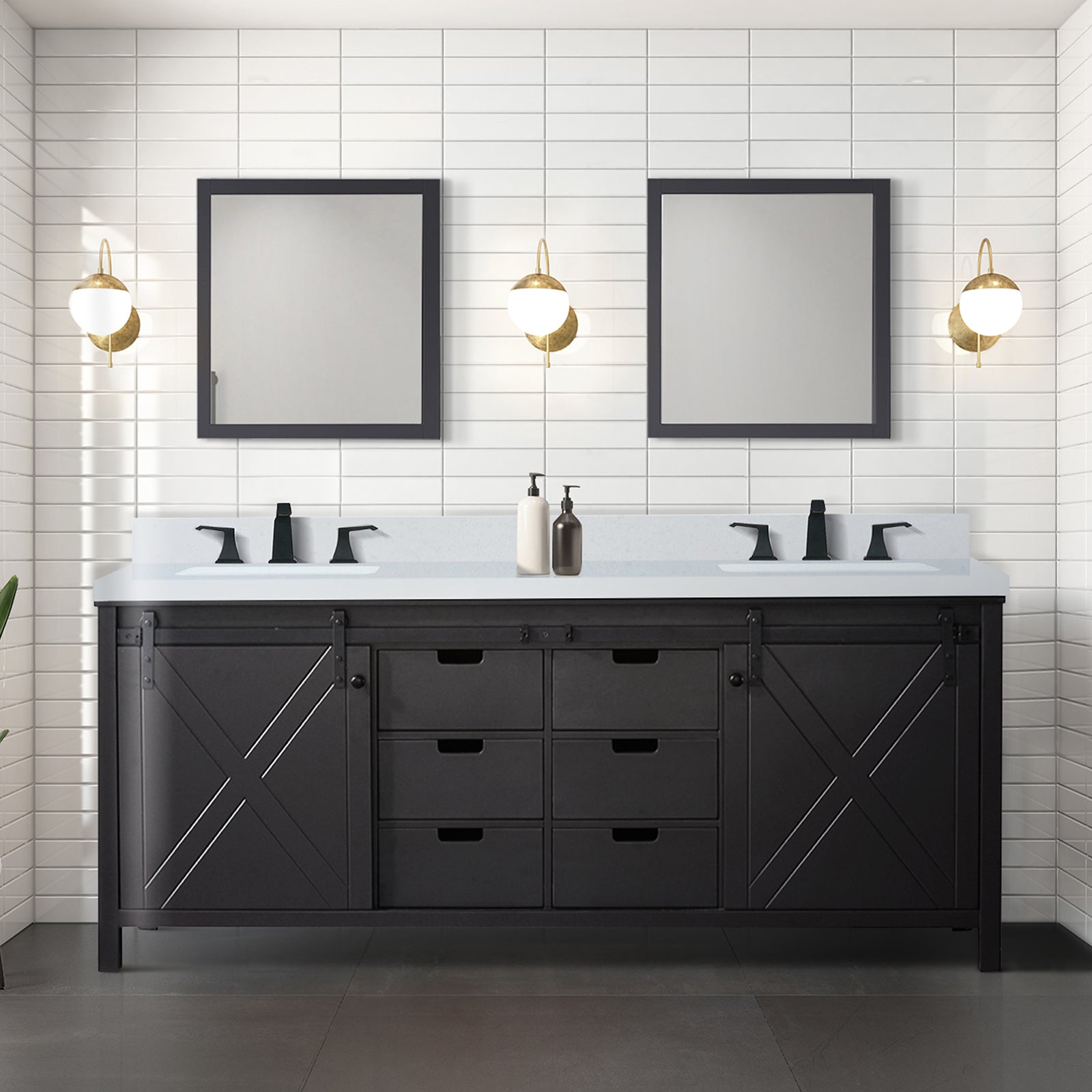 Brown Double Bath Vanity 80 in. W x 22 in. D, White Quartz Countertop and Faucet Set