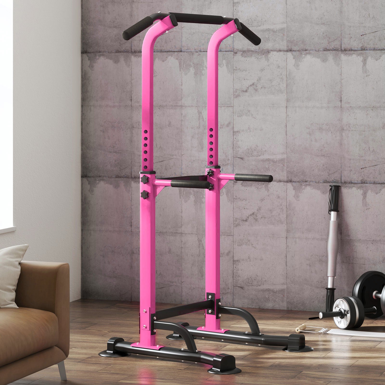Adjustable Pull Up Bar & Dip Station - 10 Height Settings, 400LBS Capacity, Multifunctional Home Gym Strength Trainer for Men & Women,Pink+Black