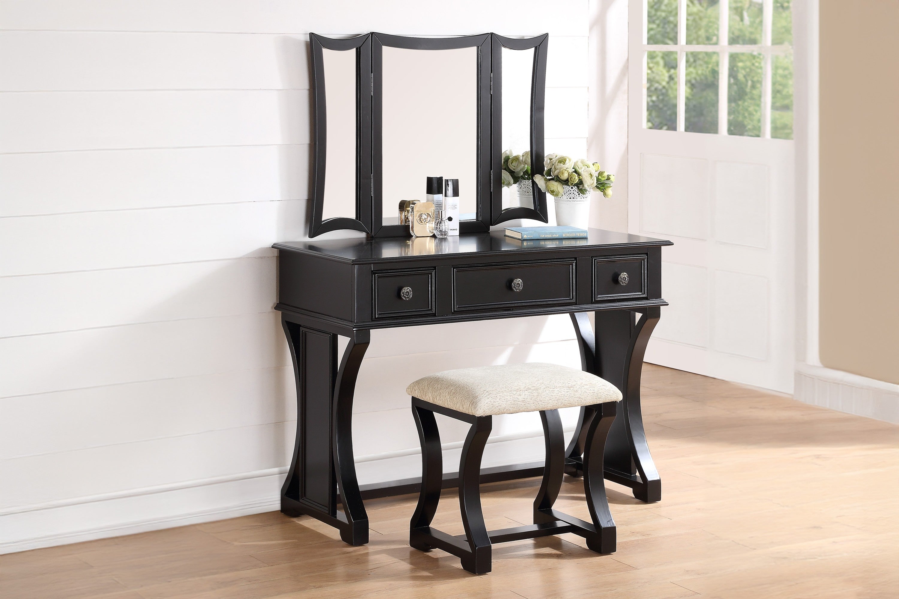 Unique Modern Bedroom Vanity Set w Stool Foldable Mirror Drawers Black Color MDF Veneer 1pc Vanity Set