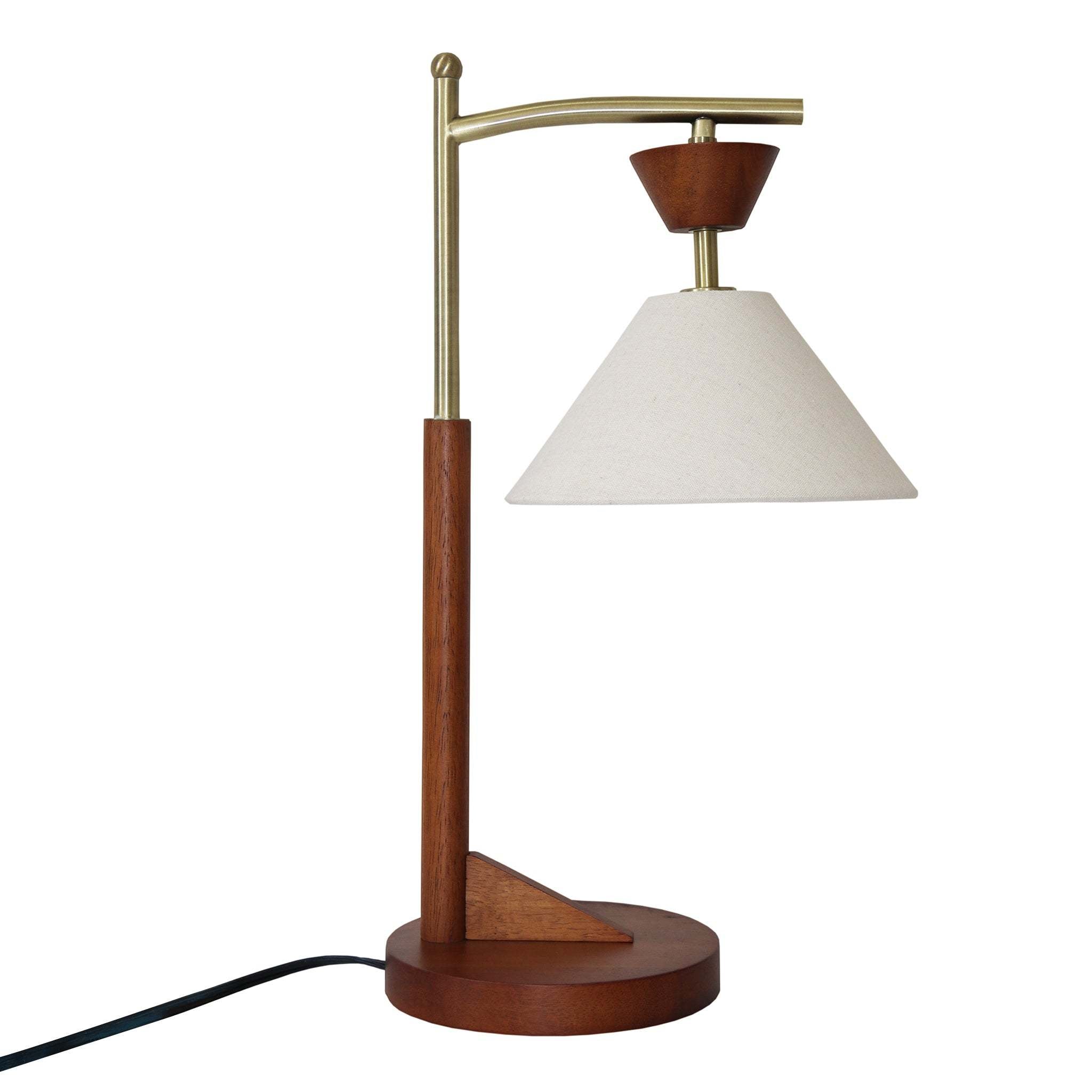 Solid Wood Base Nightstand Desk Lamp with Cone Linen Shade for Eye Protection, Brown, 20 inches