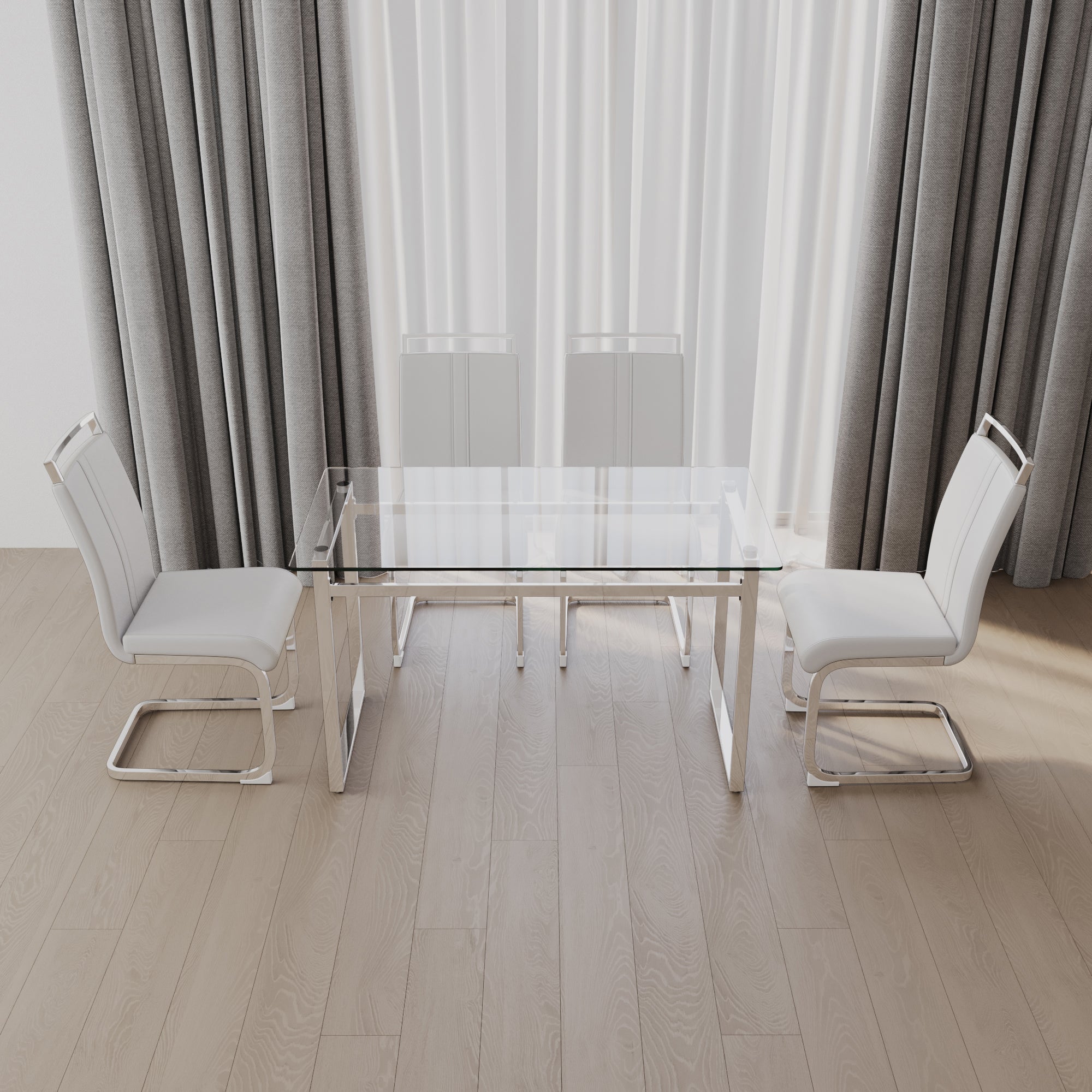 51 inch Glass Dining Table Set for 4, Dining Table & Chair Sets with Silver Plating Legs for Kitchen, Modern Rectangle Tempered Glass Table Top and  PU Dining  armless Chair for Dining Room