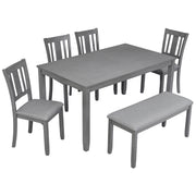 6PCs Kitchen Dining Set, Rectangular Wooden Dining Table with 4 Upholstered Chairs and a Bench, Dining Table Set for 6 People, Living Room, Home Bar and Kitchen, Gray