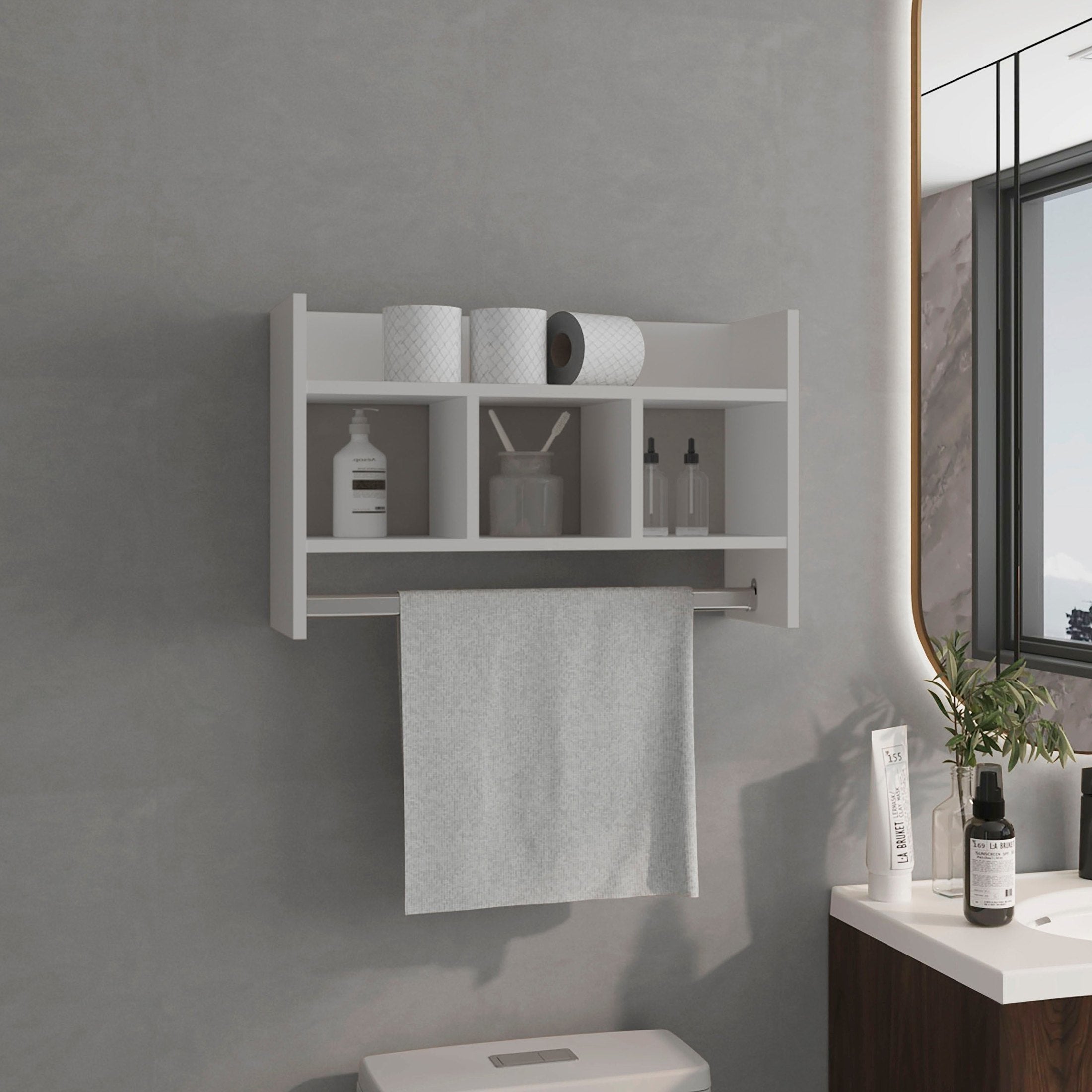 Bathroom Wall Shelf with Towel Bar, Compact Storage With A Wide Upper Shelf, Three Comapct Middle Shelves and Towel Holder for Bathroom Organizer, White