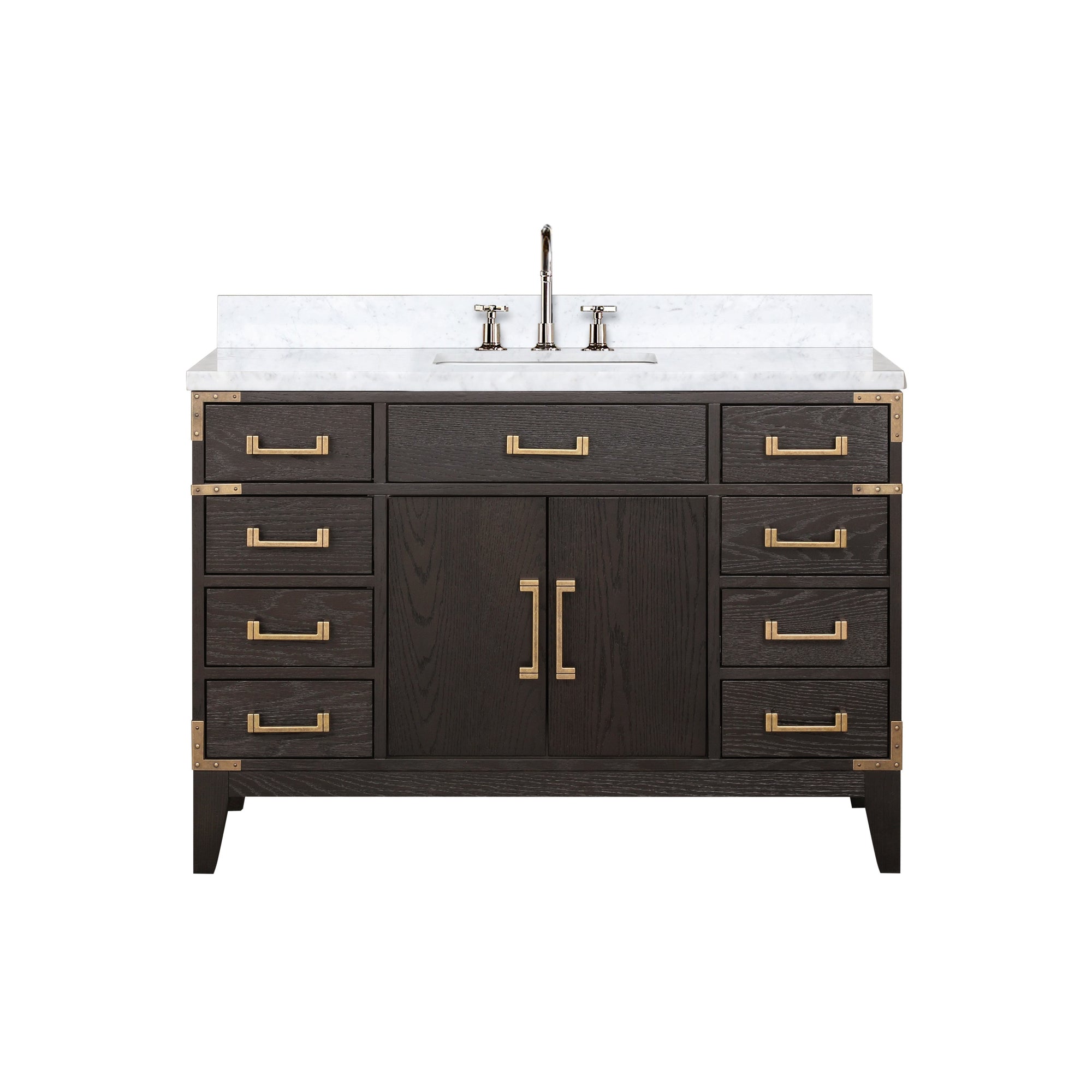 Brown Oak Single Bath Vanity 48 in. W x 22 in. D, Carrara Marble Top, and Faucet Set