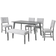 6PCs Dining Room Table Set, Rustic Farmhouse Dining Room Rectangular Table with 4 Upholstered Chairs and Bench, Solid Wood Kitchen Dining Table Set for 6 Persons