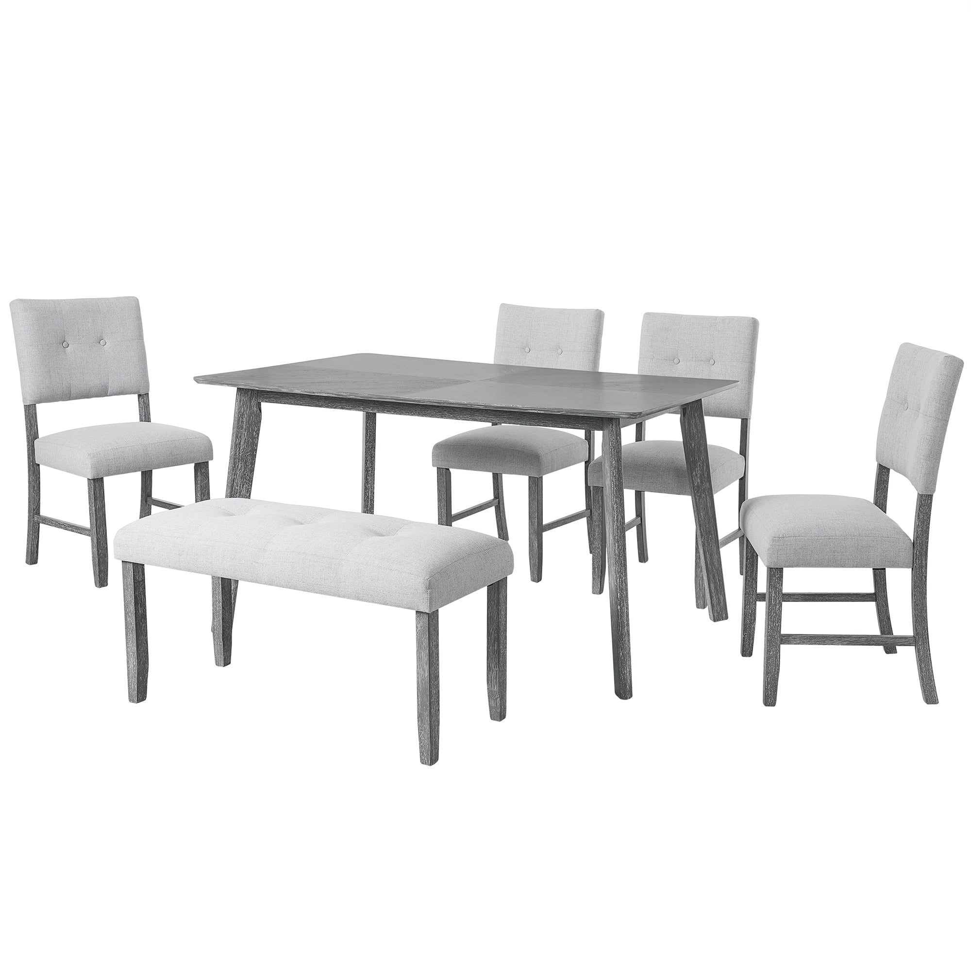 6PCs Dining Room Table Set, Rustic Farmhouse Dining Room Rectangular Table with 4 Upholstered Chairs and Bench, Solid Wood Kitchen Dining Table Set for 6 Persons